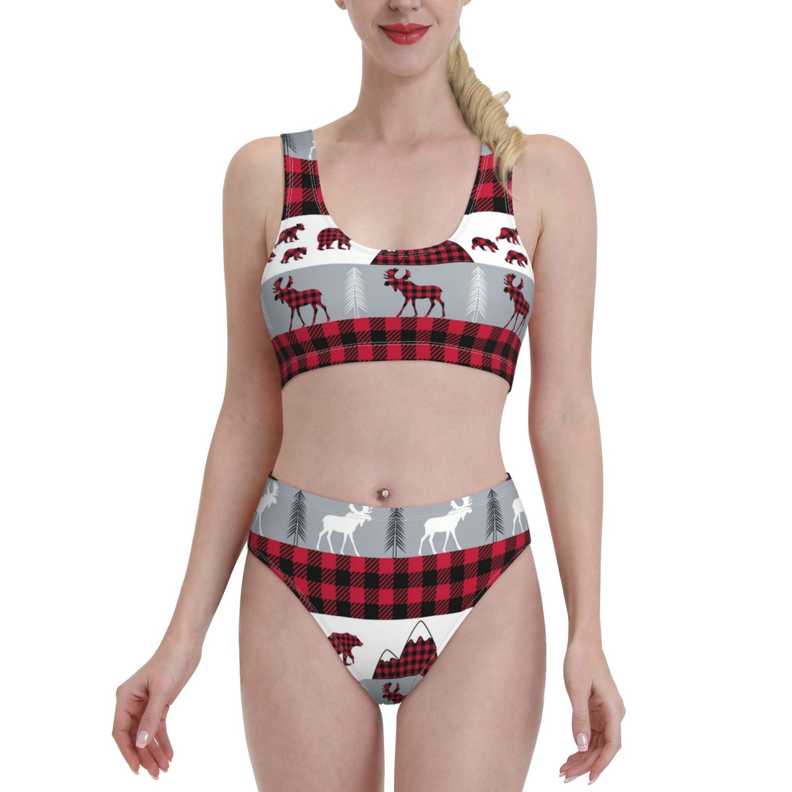 Adobk Buffalo Plaid Forest Print Women High Waisted Bikini Set Sports