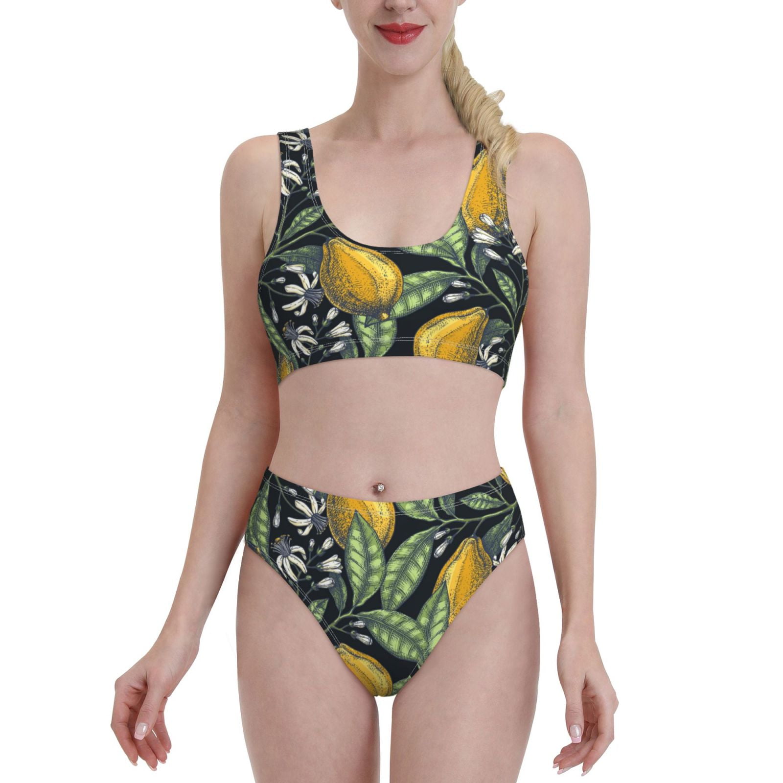 Adobk Citrus Fruits Elegant Lemons Print Women High Waisted Bikini Set