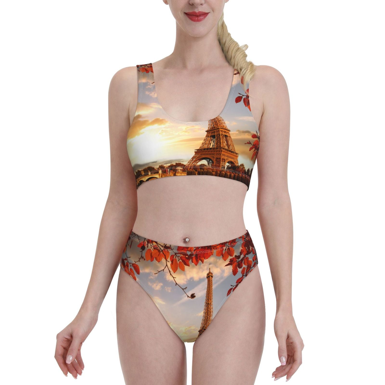 Adobk Eiffel Tower Print Women High Waisted Bikini Set Sports Swimsuit