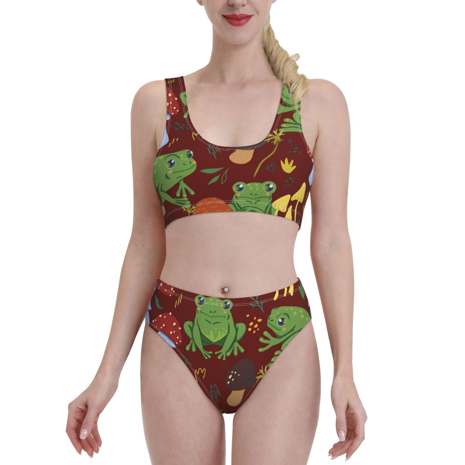 Adobk Frogs And Mushrooms Print Women High Waisted Bikini Set Sports