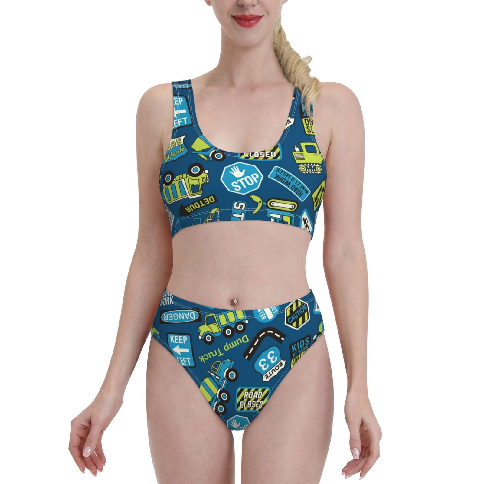 Adobk Machinery Road Construction Print Women High Waisted Bikini Set