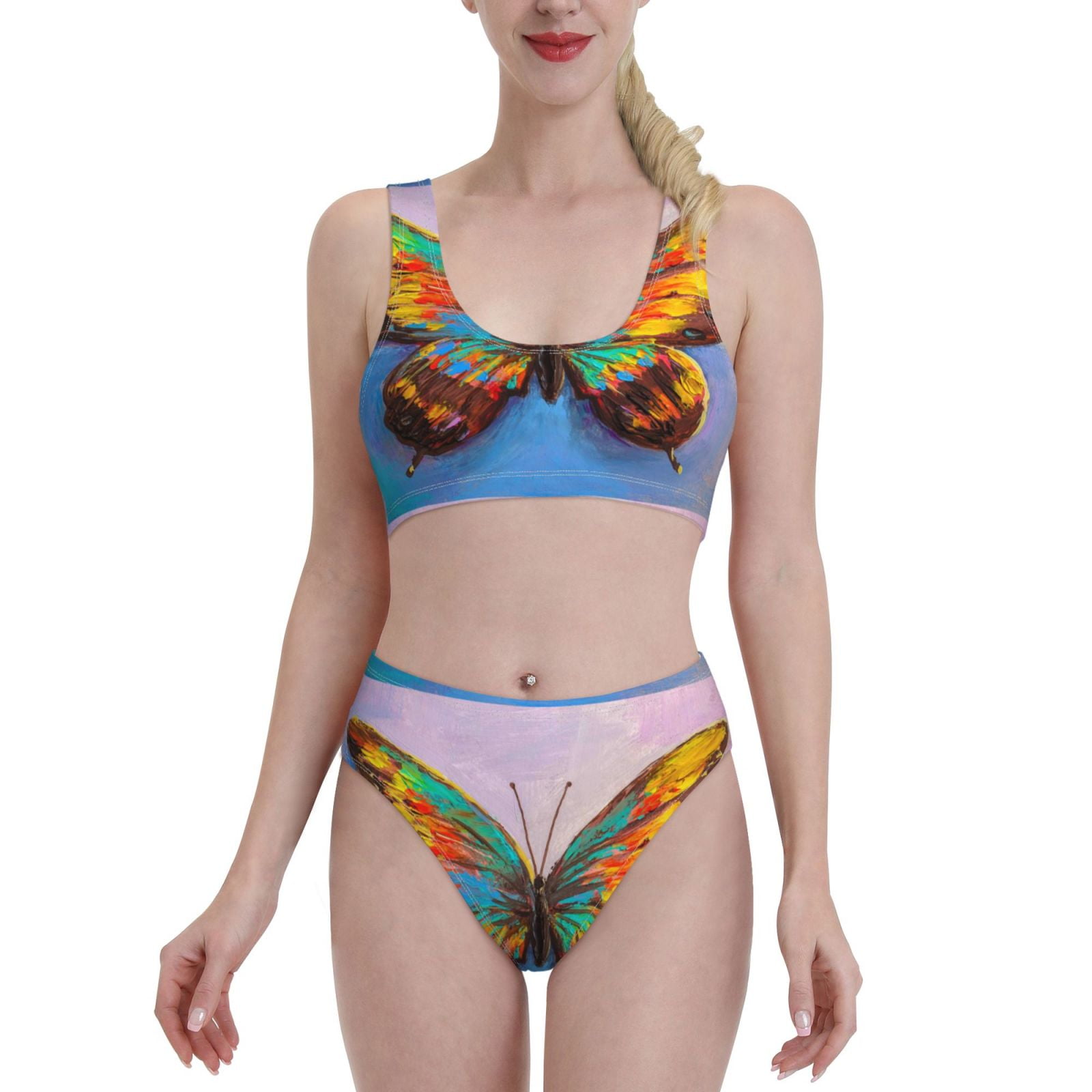 Adobk Oil Painting Beautiful Butterfly Print Women High Waisted Bikini