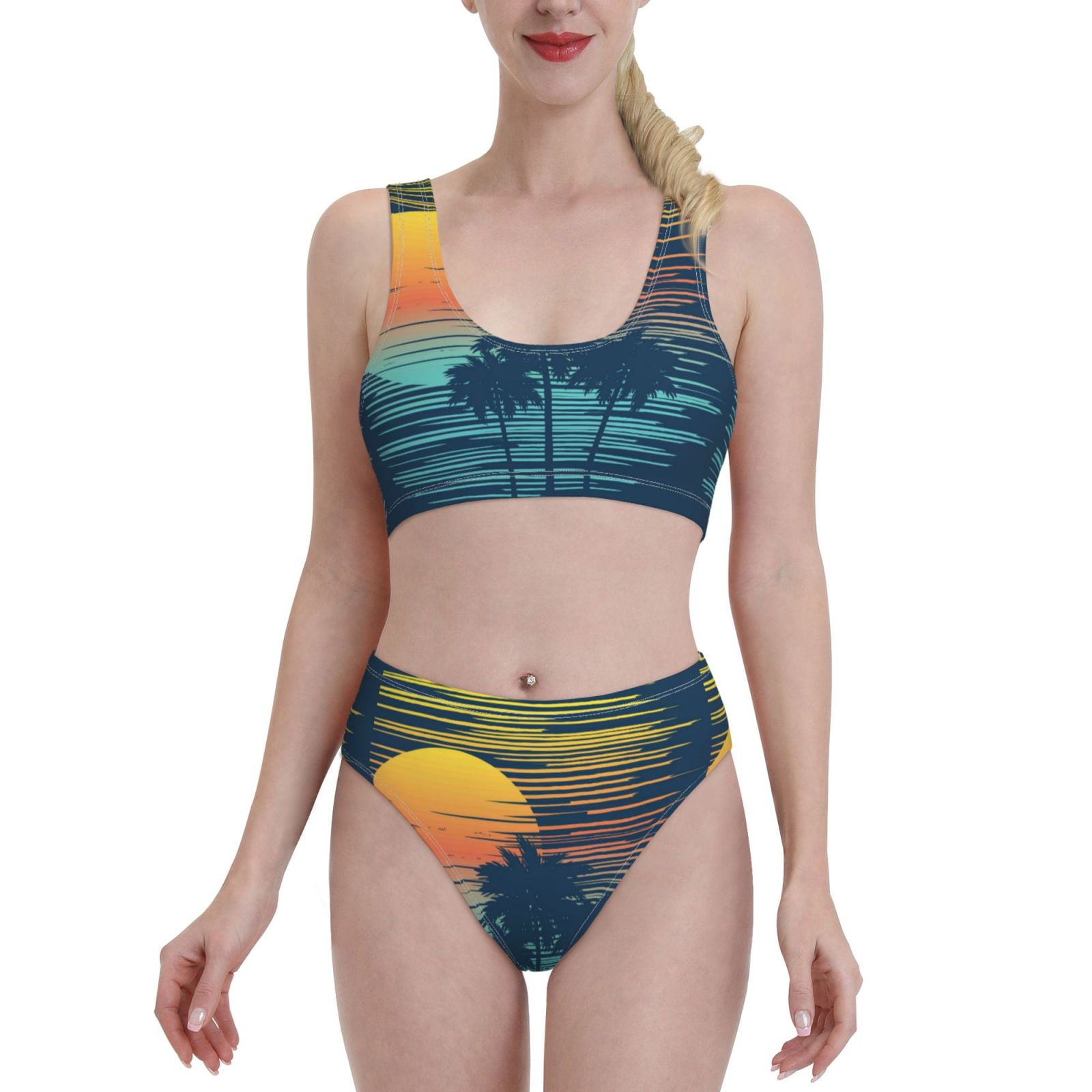 Adobk Palm Trees Print Women High Waisted Bikini Set Sports Swimsuit