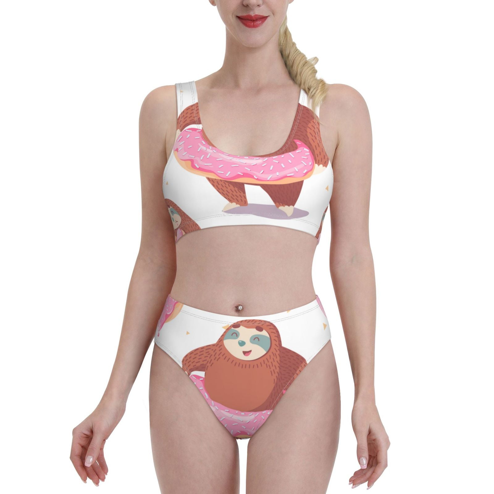 Adobk Sloth With Donuts Print Women High Waisted Bikini Set Sports