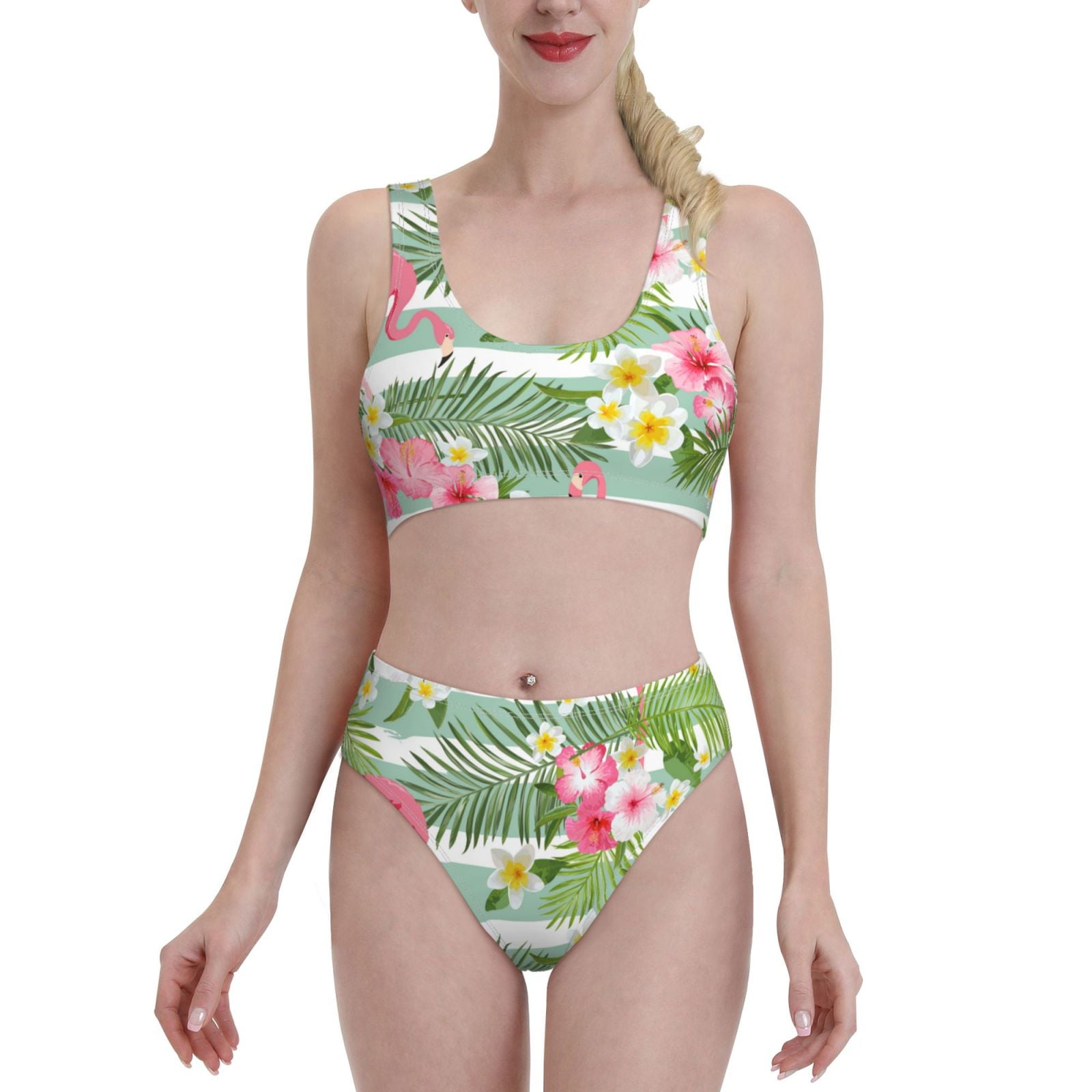 Adobk Tropical Flamingo Print Women High Waisted Bikini Set Sports