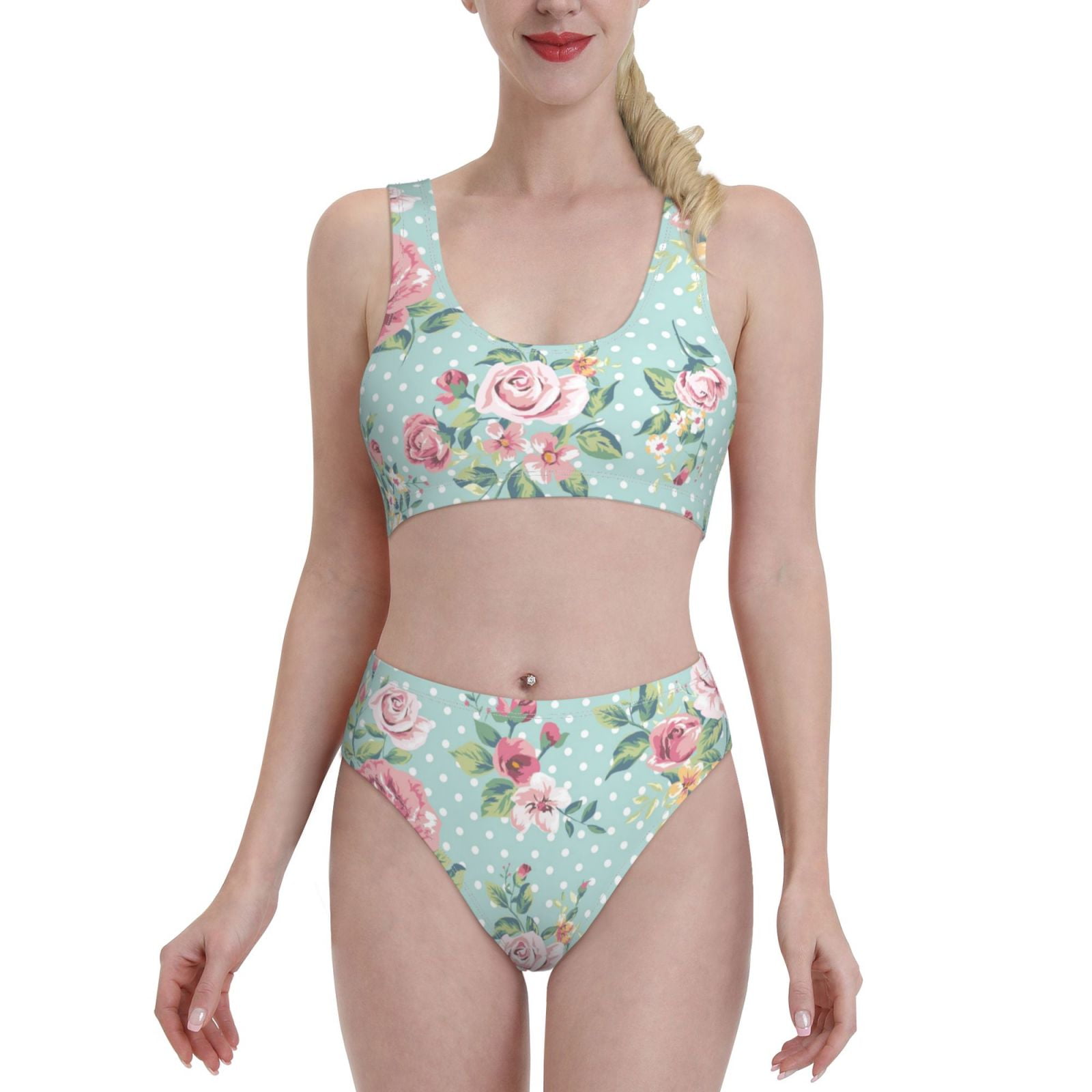 Adobk Vintage Floral Print Women High Waisted Bikini Set Sports