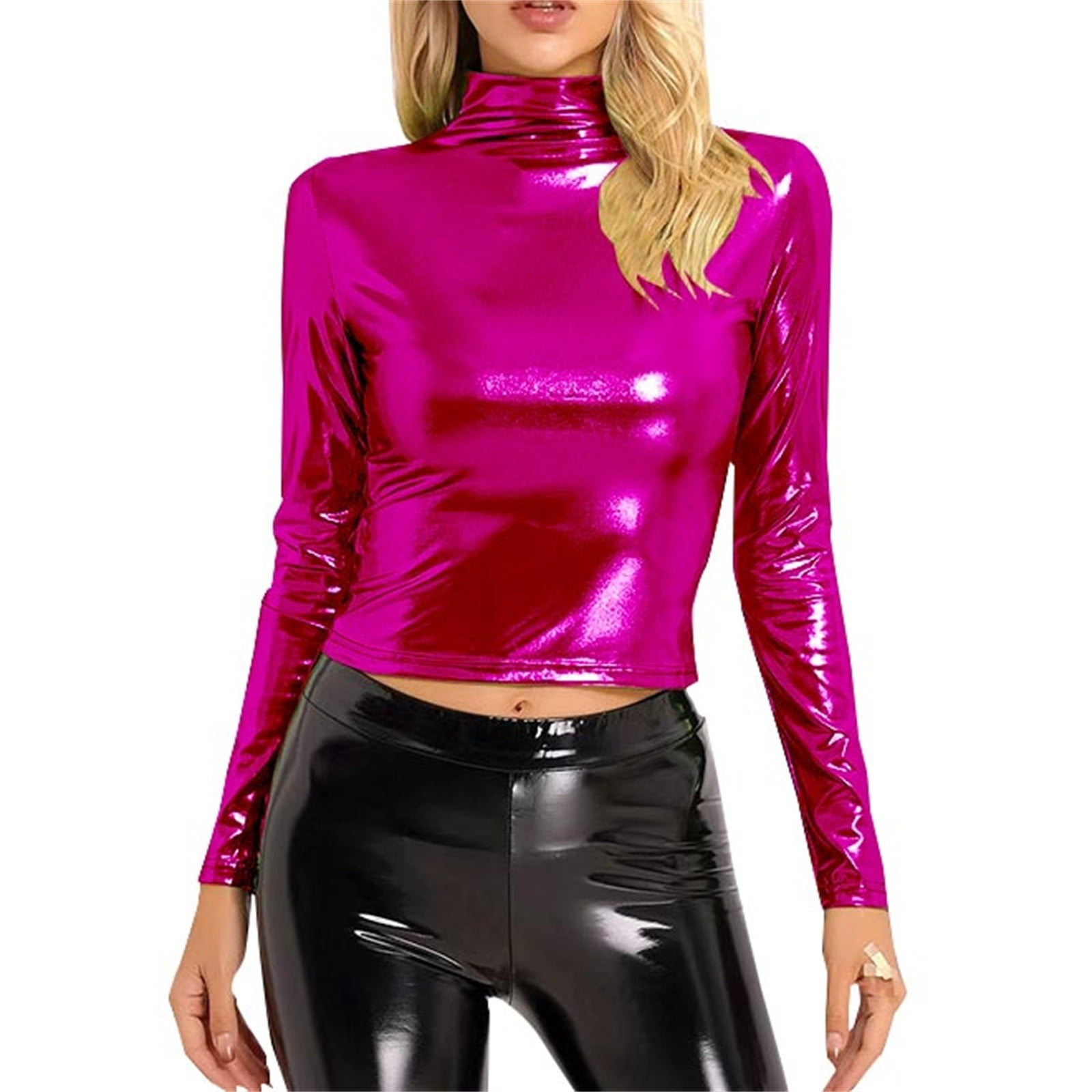 Alitao Crop Tops Sequin Tops Metallic Liquid Mock Neck Turtleneck Crop