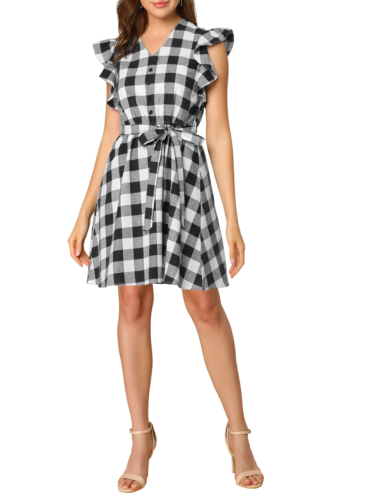 Allegra K Women S V Neck Check Ruffled Sleeve Belted Plaids Mini Dress