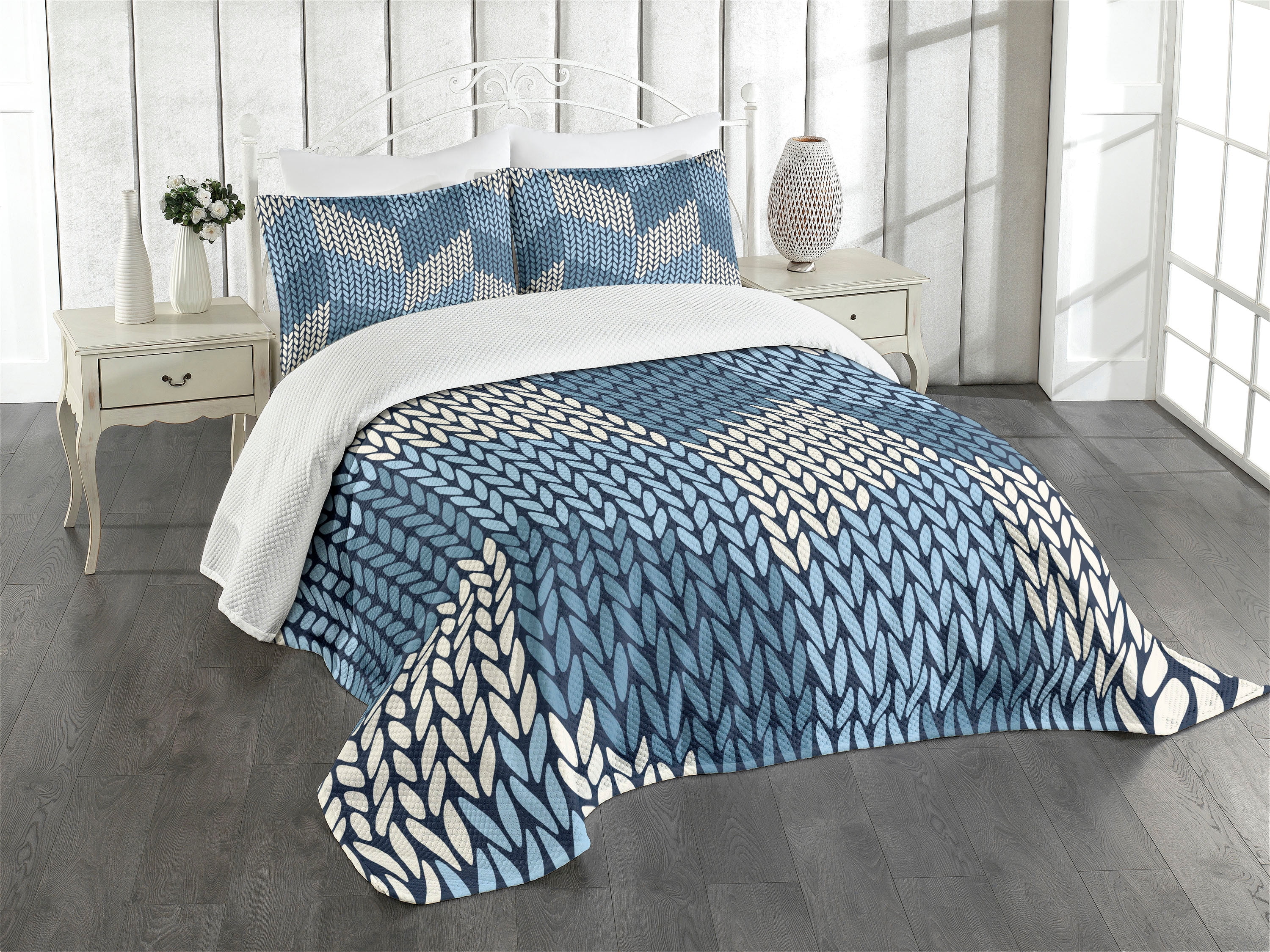 Ambesonne Blue Quilted Bedspread Set 3 Pcs Nordic Scandinavian Retro