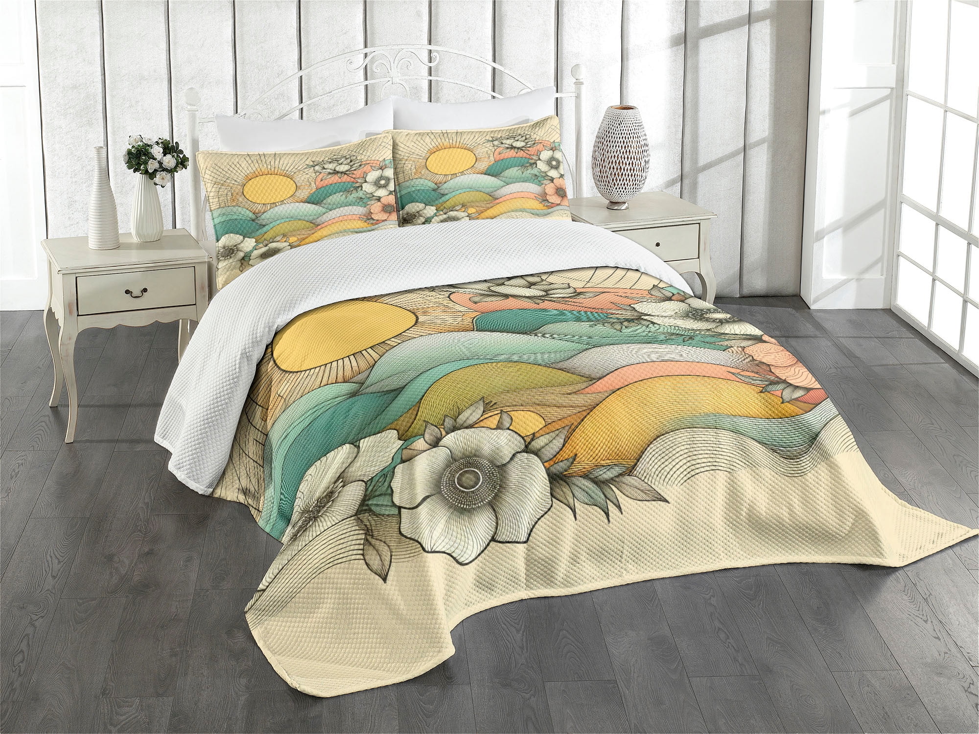 Ambesonne Boho Floral Quilted Bedspread Set Pcs Sunny Mid Century