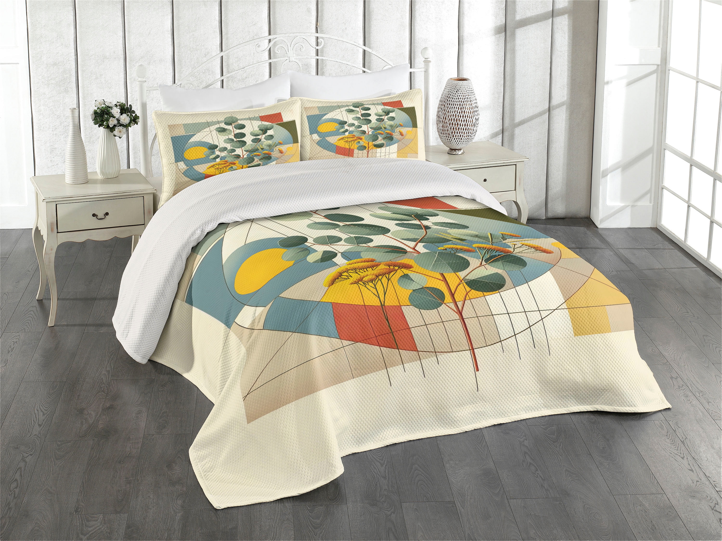 Ambesonne Eucalyptus Leaves Quilted Coverlet 3 Pcs Classic Branches