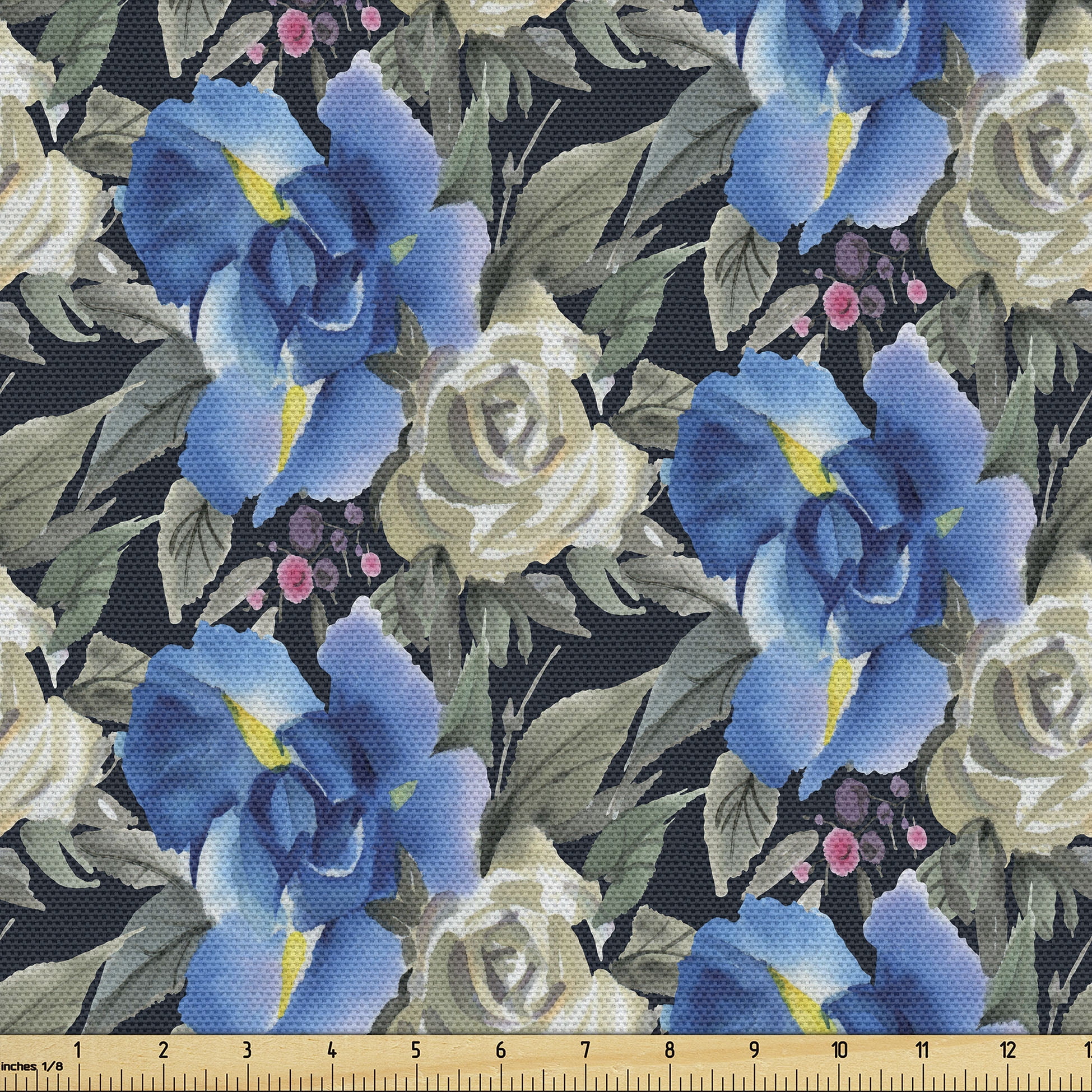 Ambesonne Floral Fabric By The Yard Upholstery Bluish Flowers