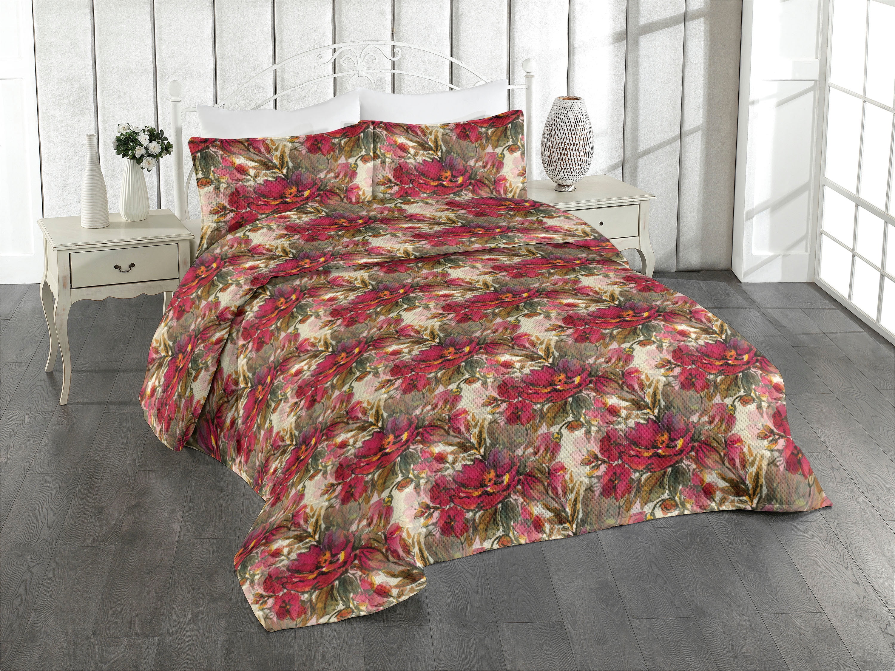 Ambesonne Floral Quilted Bedspread Set Pcs Watercolor Flowers