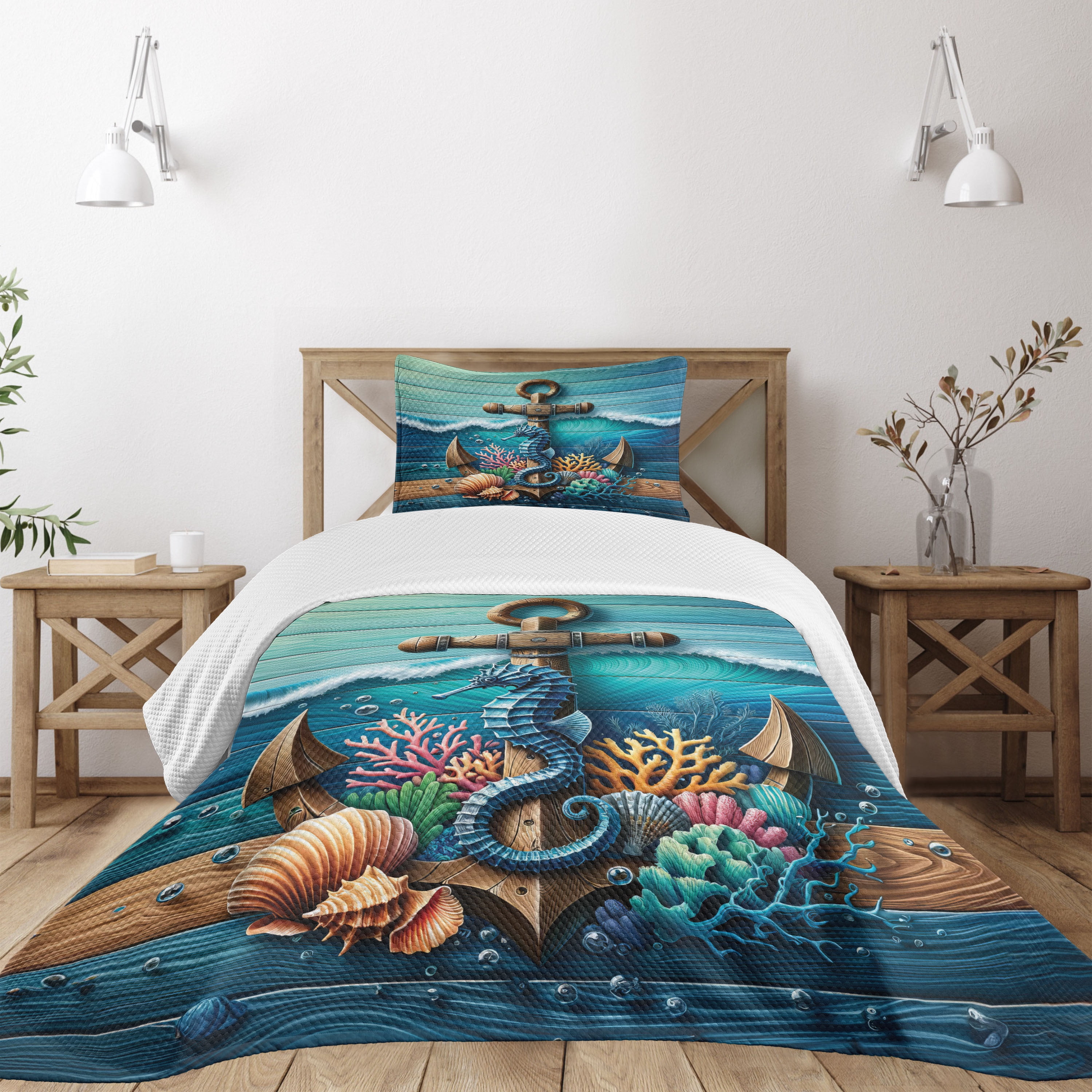 Ambesonne Nautical Quilted Bedspread Set Pcs Anchor Deep Ocean Life