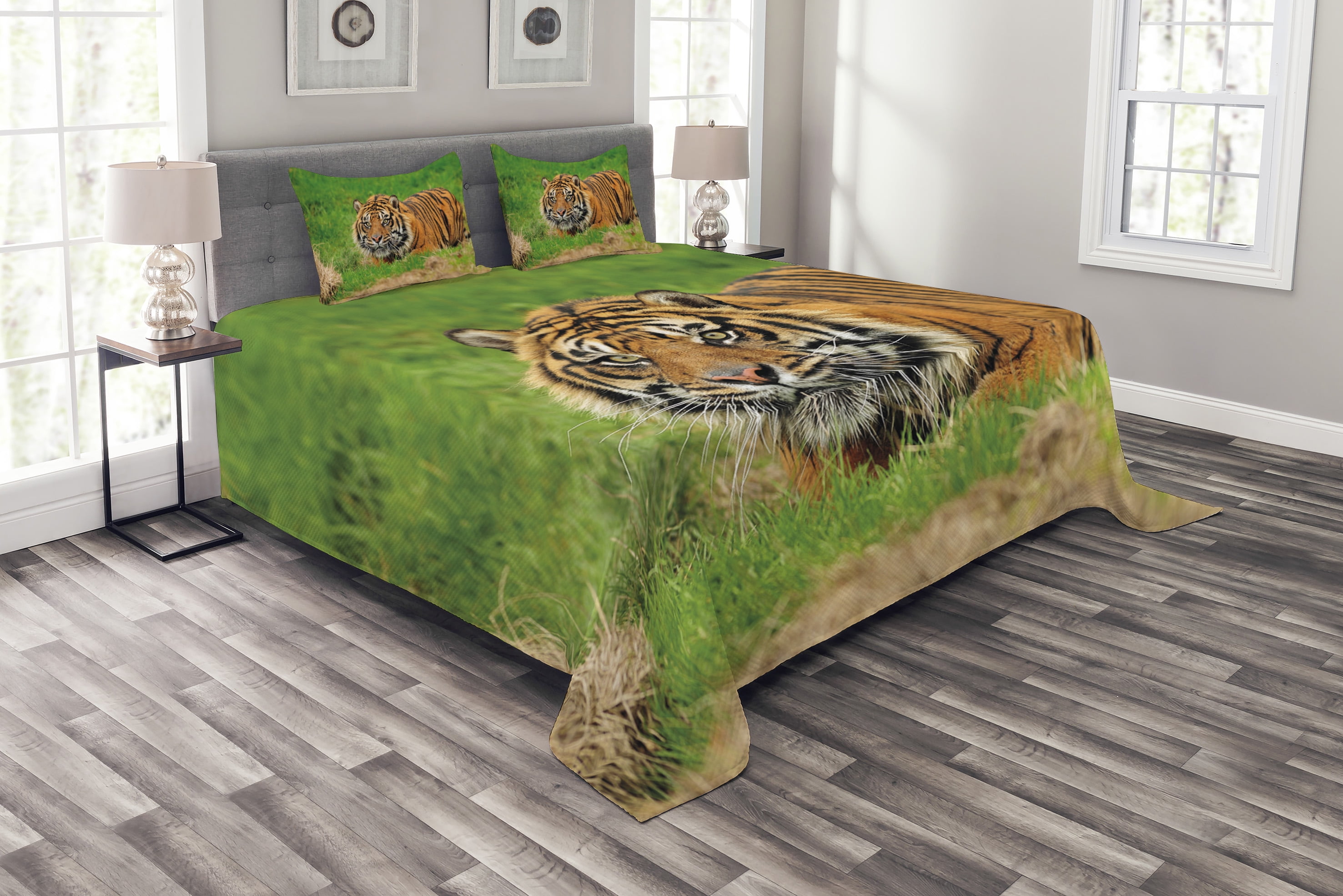 Ambesonne Tiger Quilted Bedspread Set Pcs Sumatran Feline Ambush