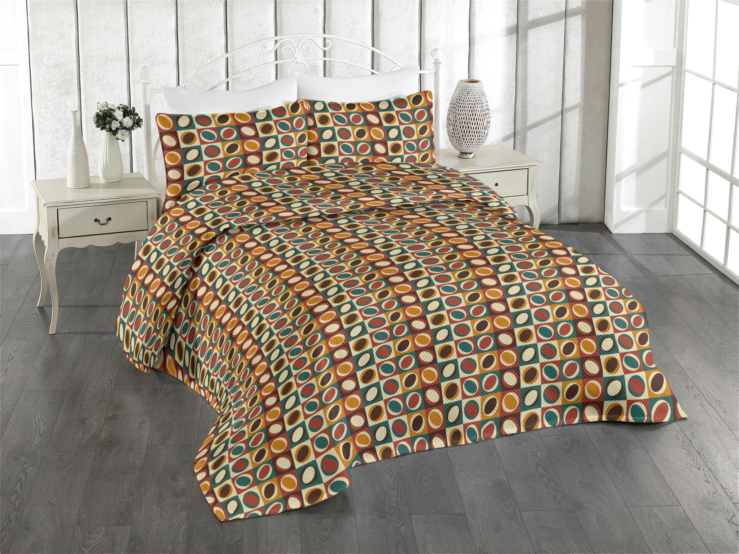 Ambesonne Vintage Quilted Bedspread Set 3 Pcs Circular Shapes Abstract