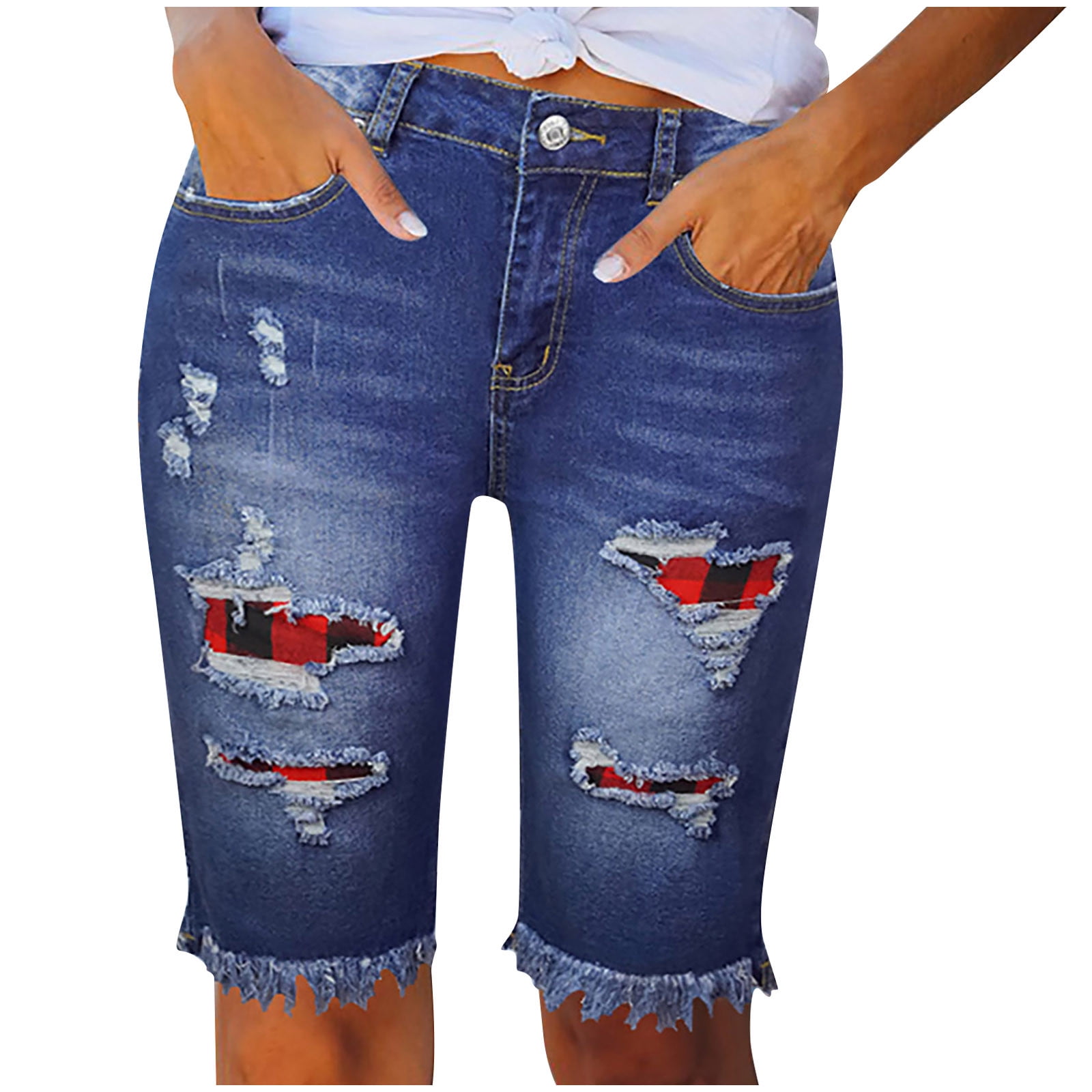 Ashirexll Women S Ripped Denim Mid Rise Stretchy Bermuda Shorts Jeans