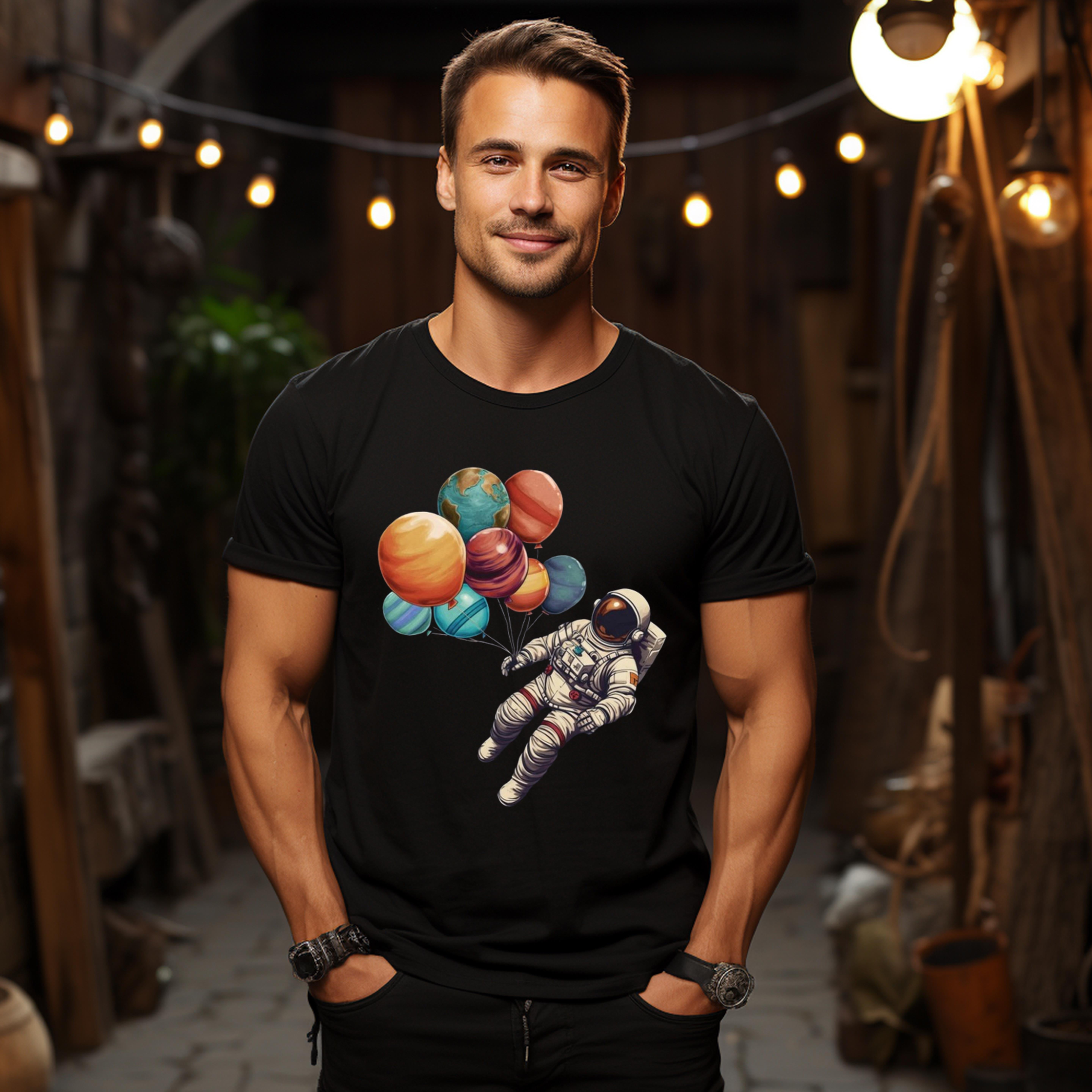 Astronaut Holding Balloons Design On A T Shirt Featuring A Whimsical