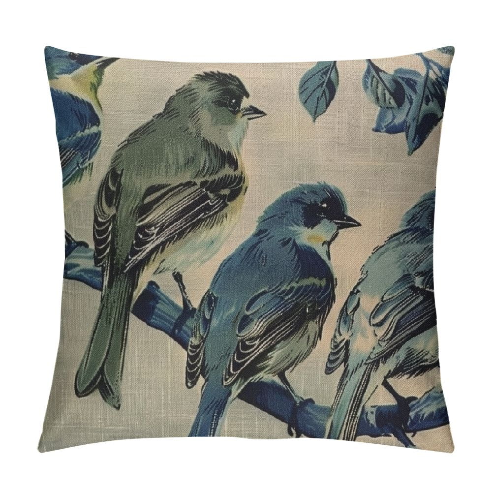 Autua Blue Robin Bird Throw Pillow Cover Stand On Branch Foliage Furry