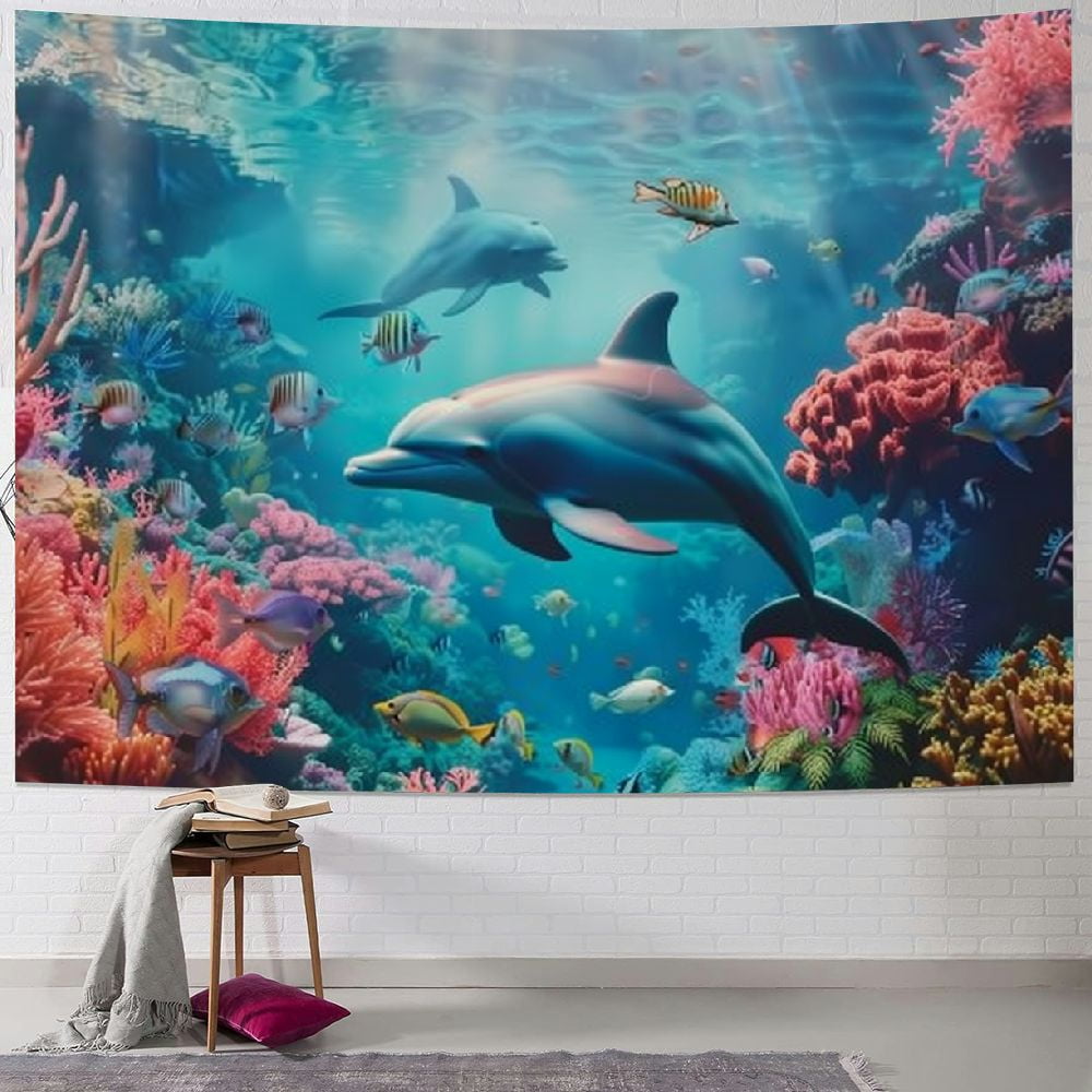 BCIIG Wall Hanging Tapestry Aquarium Coral Fish Under Sea Cave Dolphin