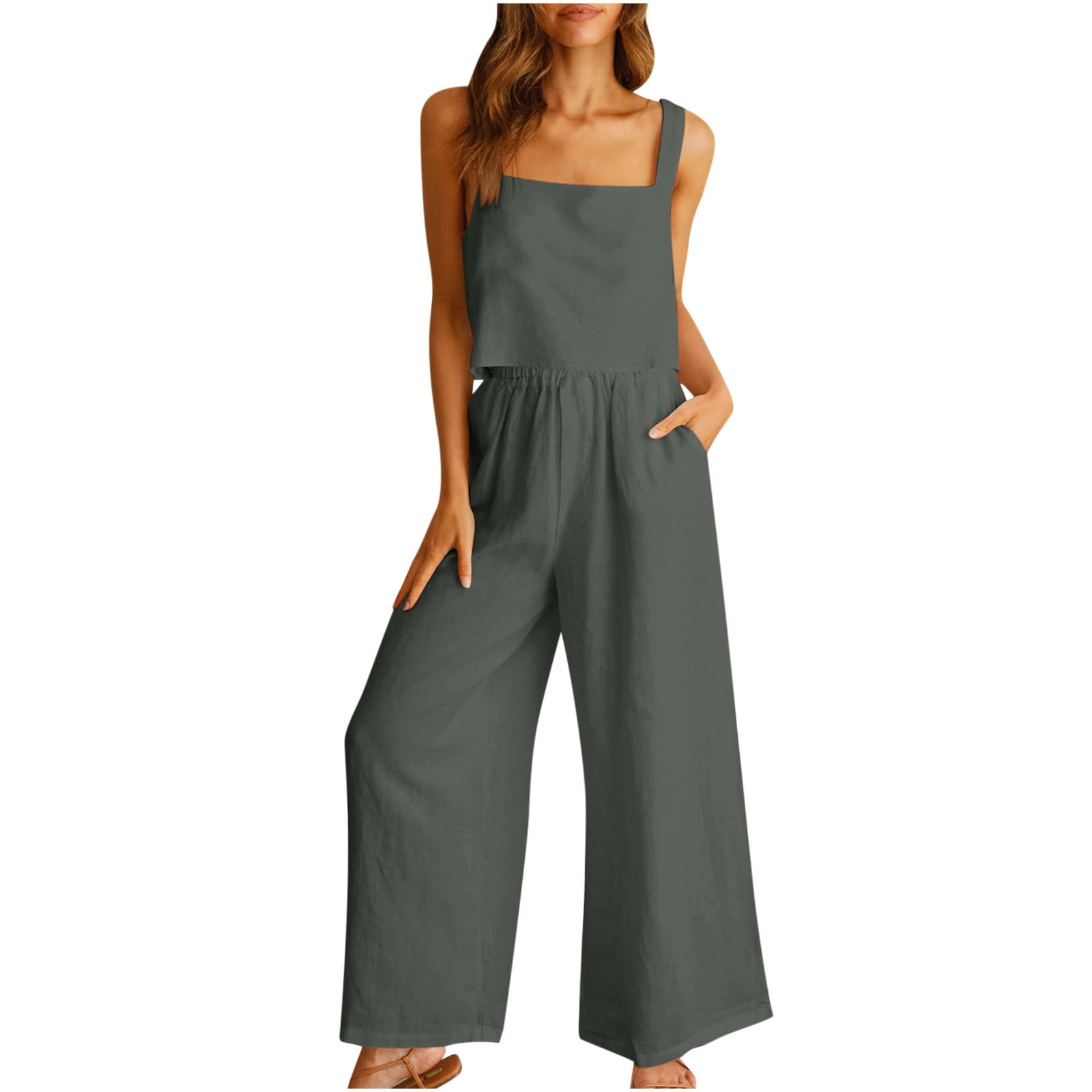 Byoimud Women S Two Piece Linen Set Wide Leg Flowy Pants Vest For