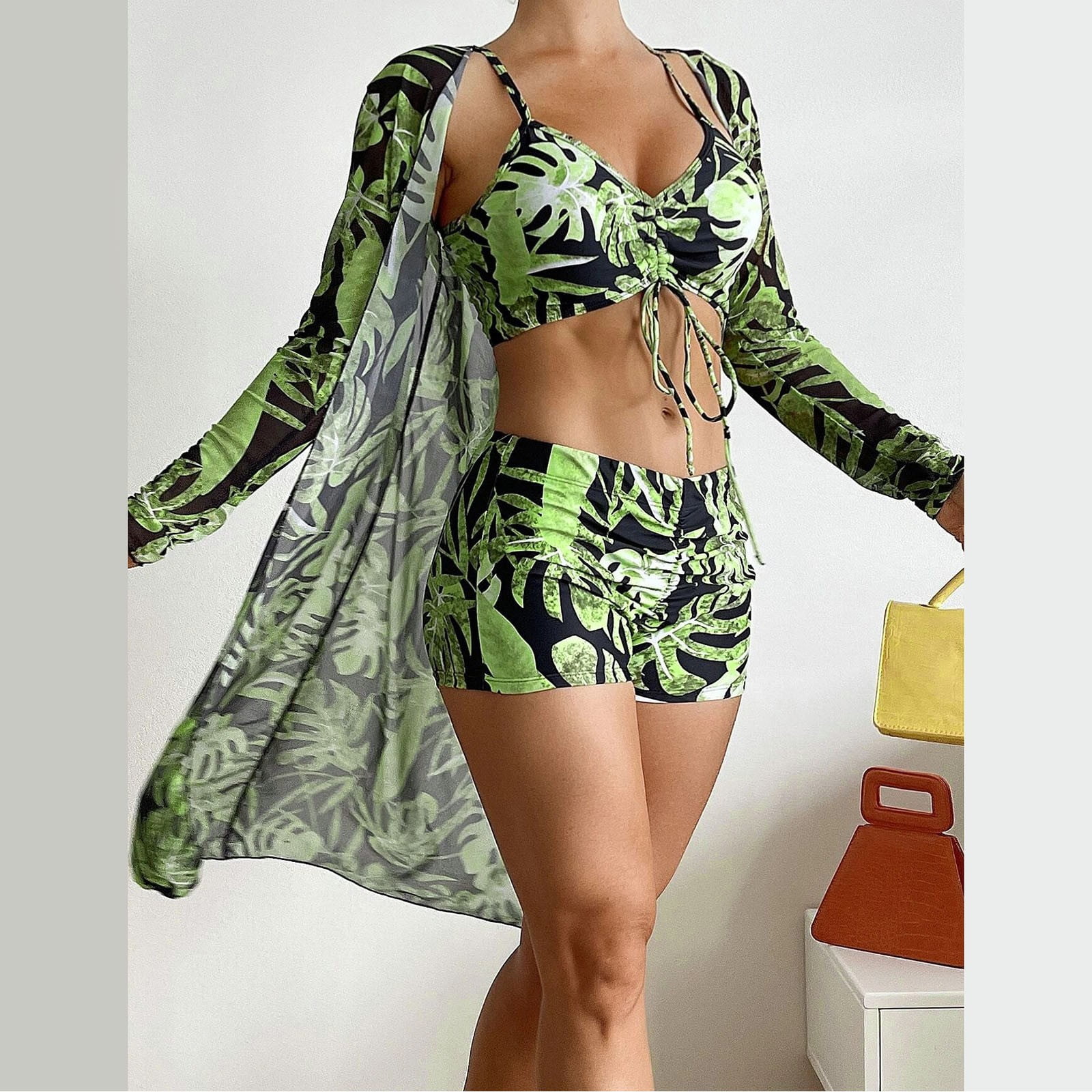 Baodmurt High Waist Bikinis Piece Bikini Set Cover Up Swimsuit Long Sleeve Push Up Swimwear