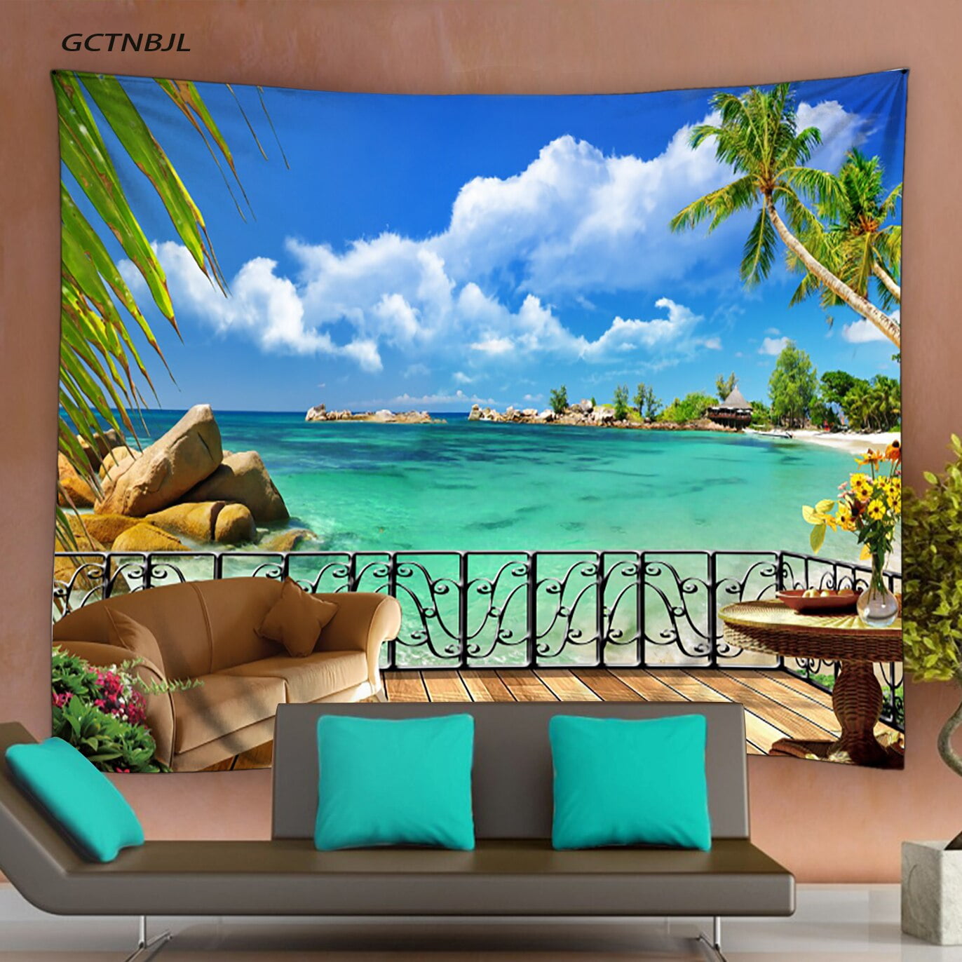 Beach Decor Tapestry Wall Hanging Ocean Sea Tropical Palm Tree Scenic