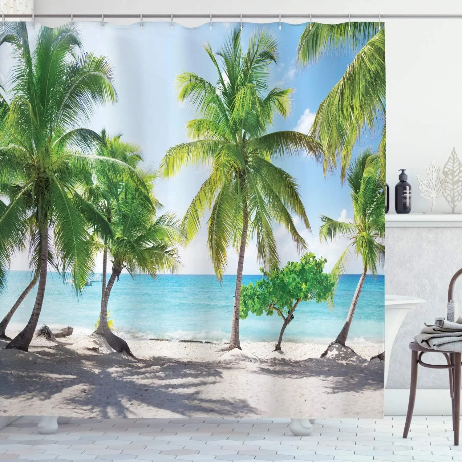 Beach Shower Curtains Palm Trees Green Leaves Sea Island Seashore