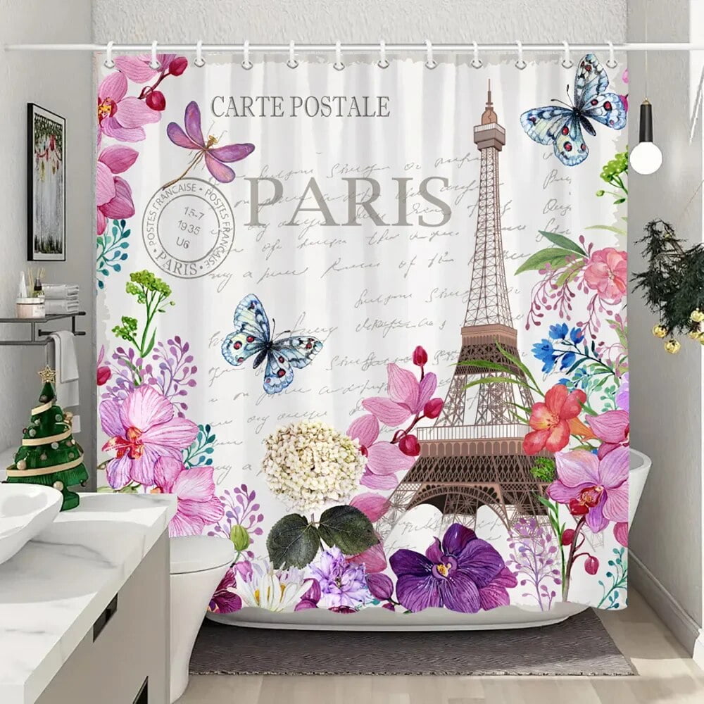 Beautiful Butterfly Paris Tower Shower Curtain Botanical Floral