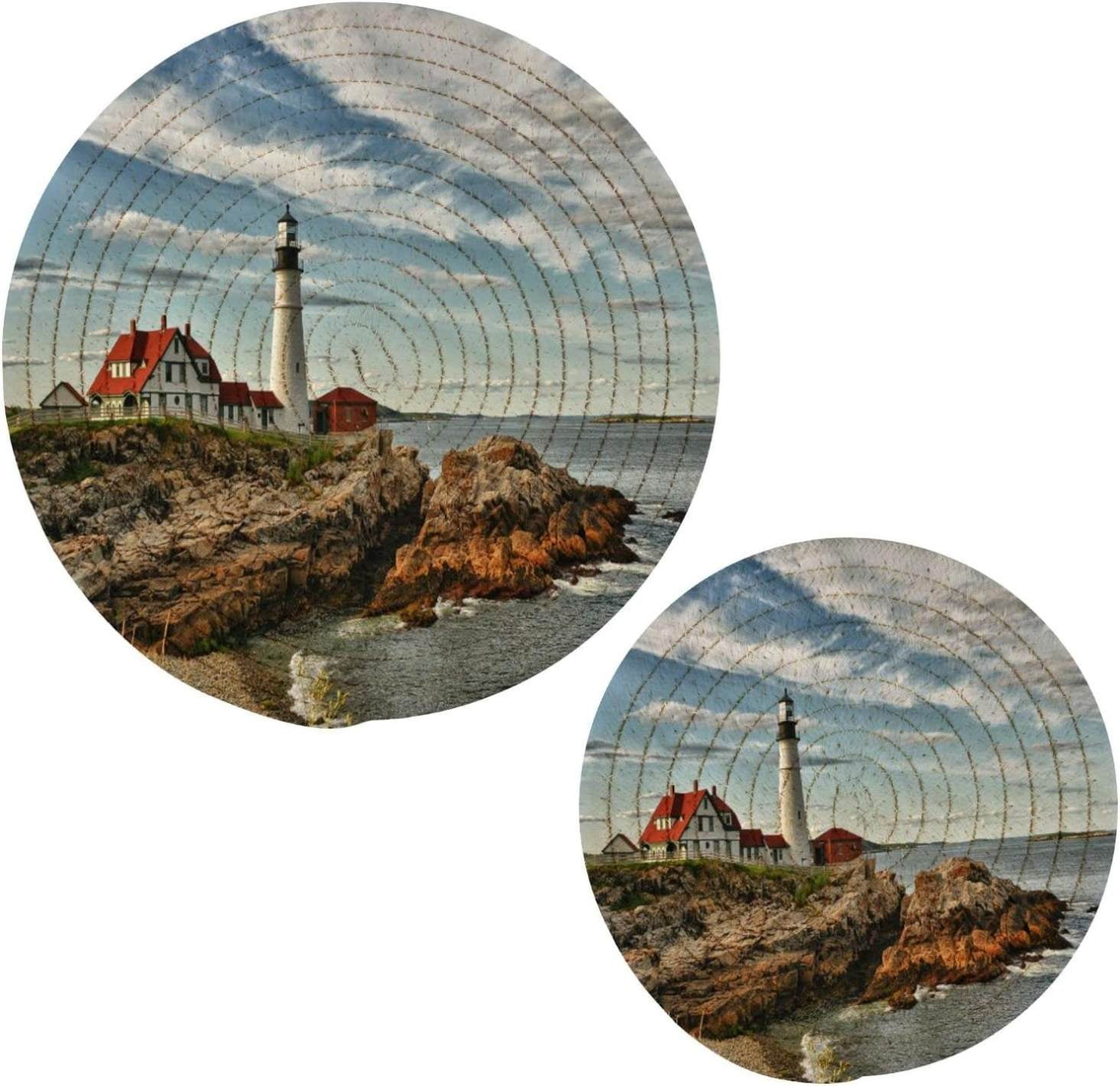 Bestwell 2 Pcs Cape Elizabeth Lighthouse Trivet Pot Holder Round