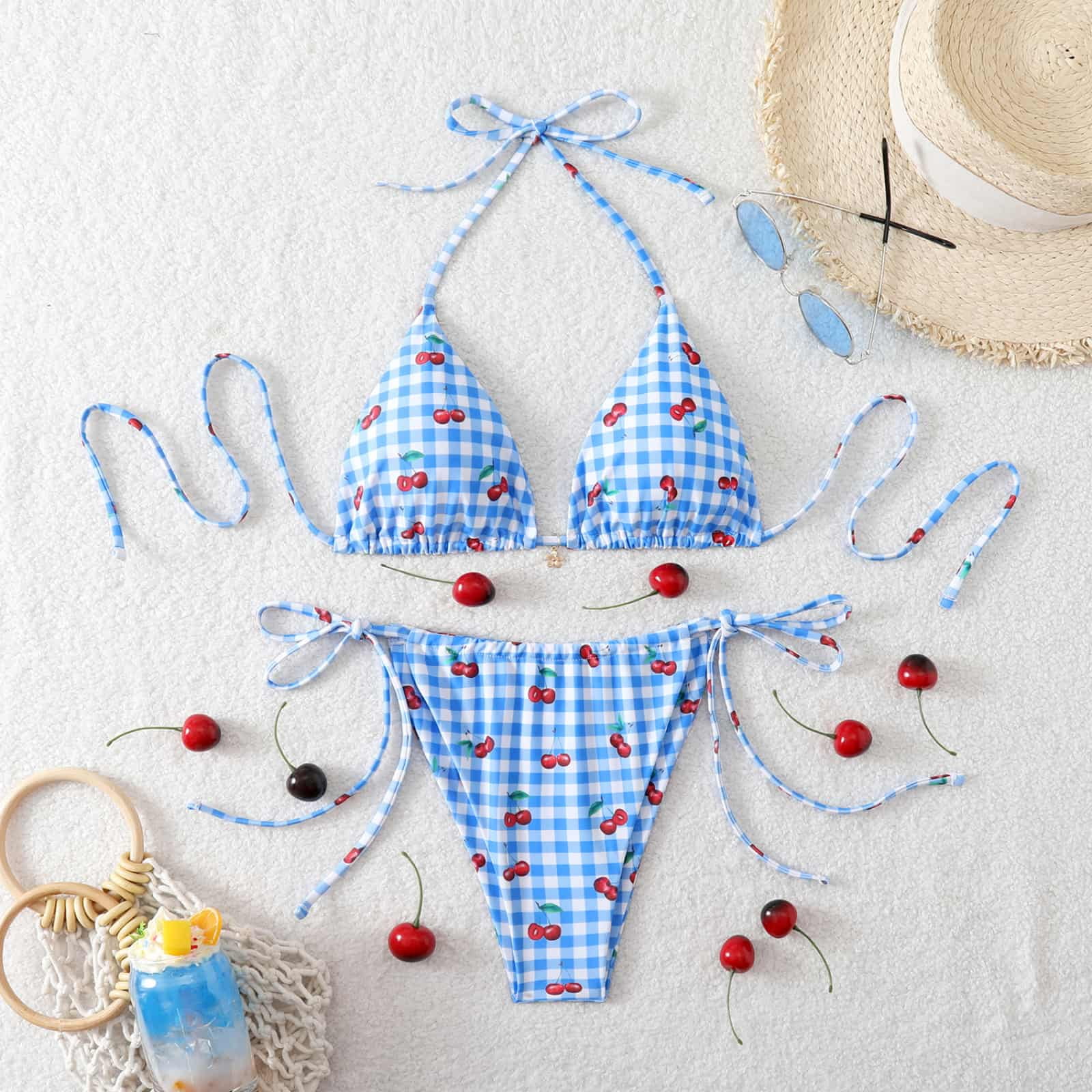 Bikini Sets For Women 2 Piece Cherry Print Halter Bikini Set String
