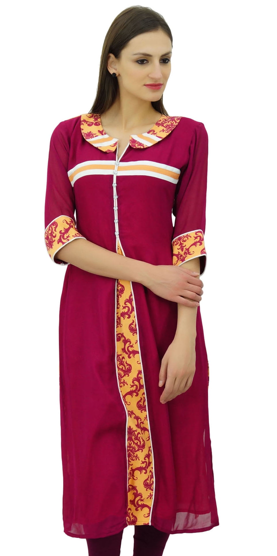 Bimba Georgette Maroon Straight Kurta Tunic Top Collar Neck Sleeve