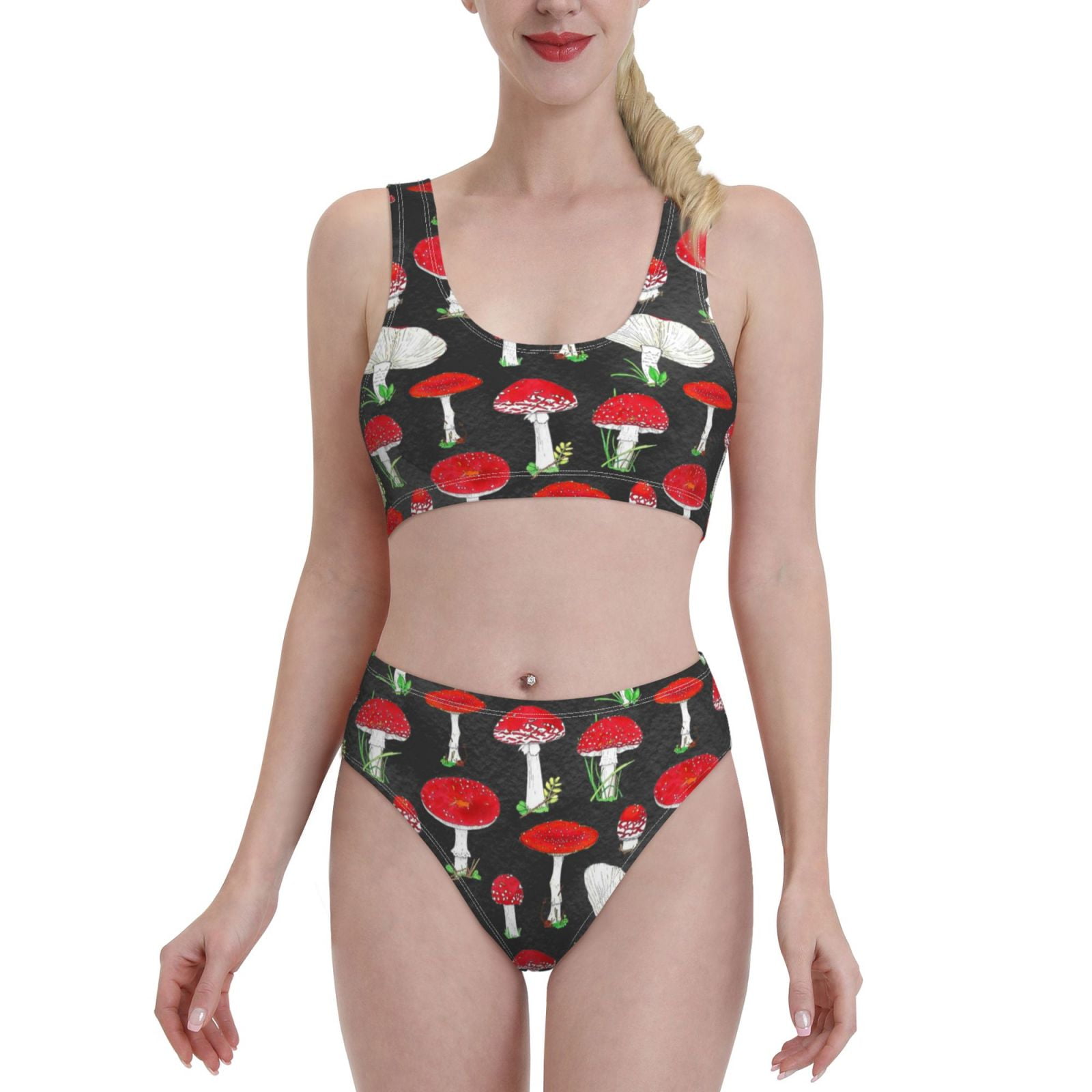 Bixox Red Mushrooms Pattern Two Piece Sports Bikini With U Shaped Top