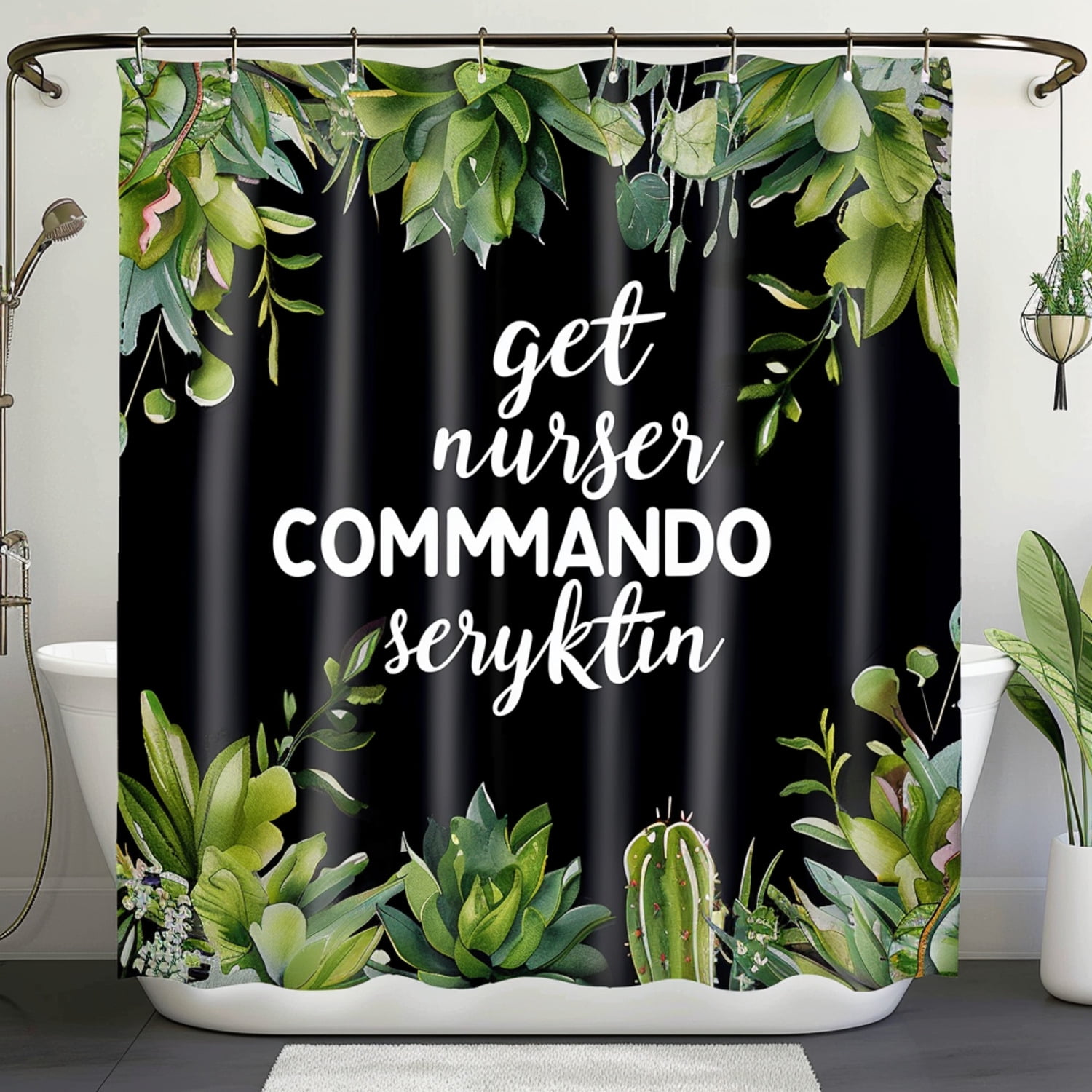 Black Bathroom Decor With Get Naked Commando Text Greenery Cacti And