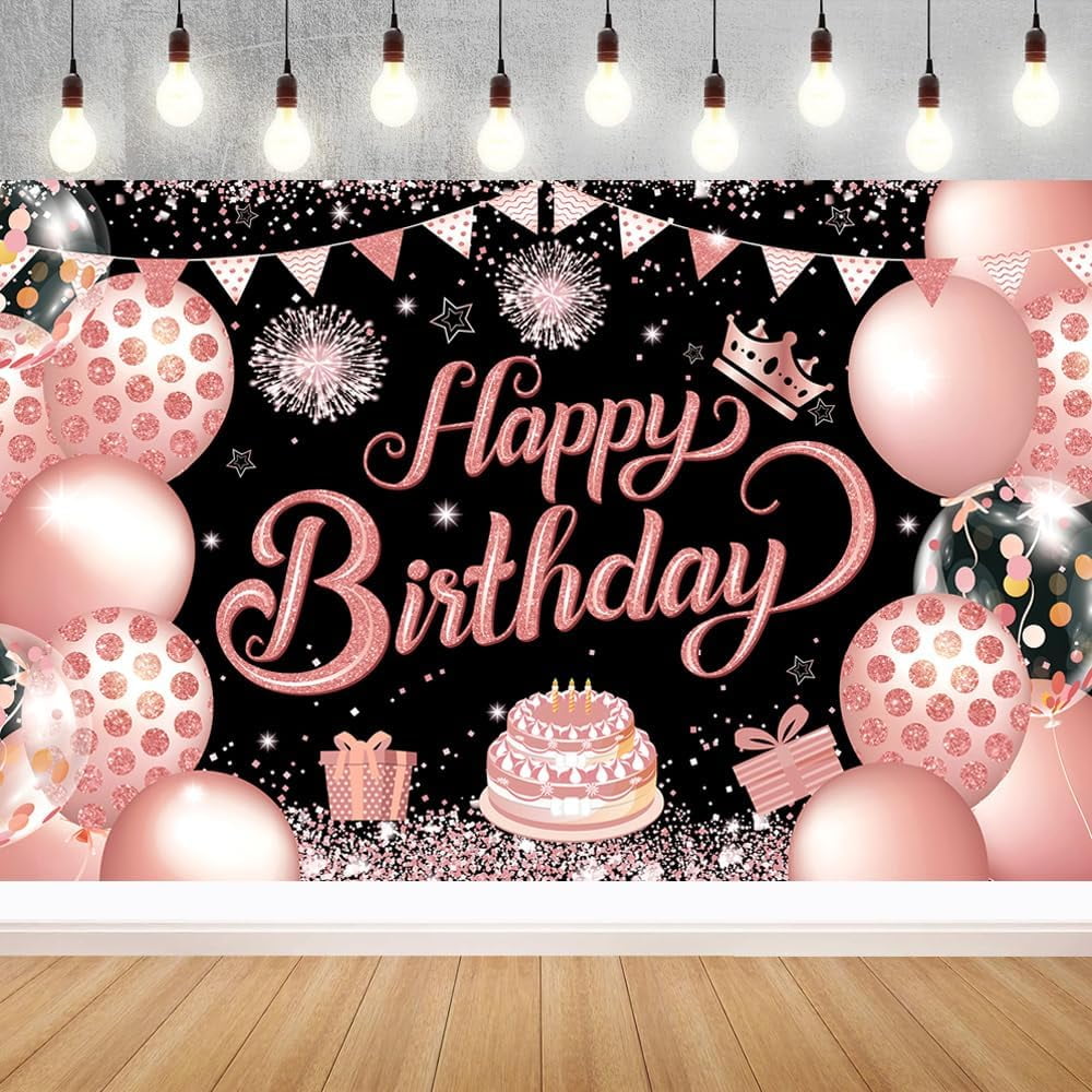 Black Rose Gold Happy Birthday Party Backdrops Cloth Rose Gold Birthday