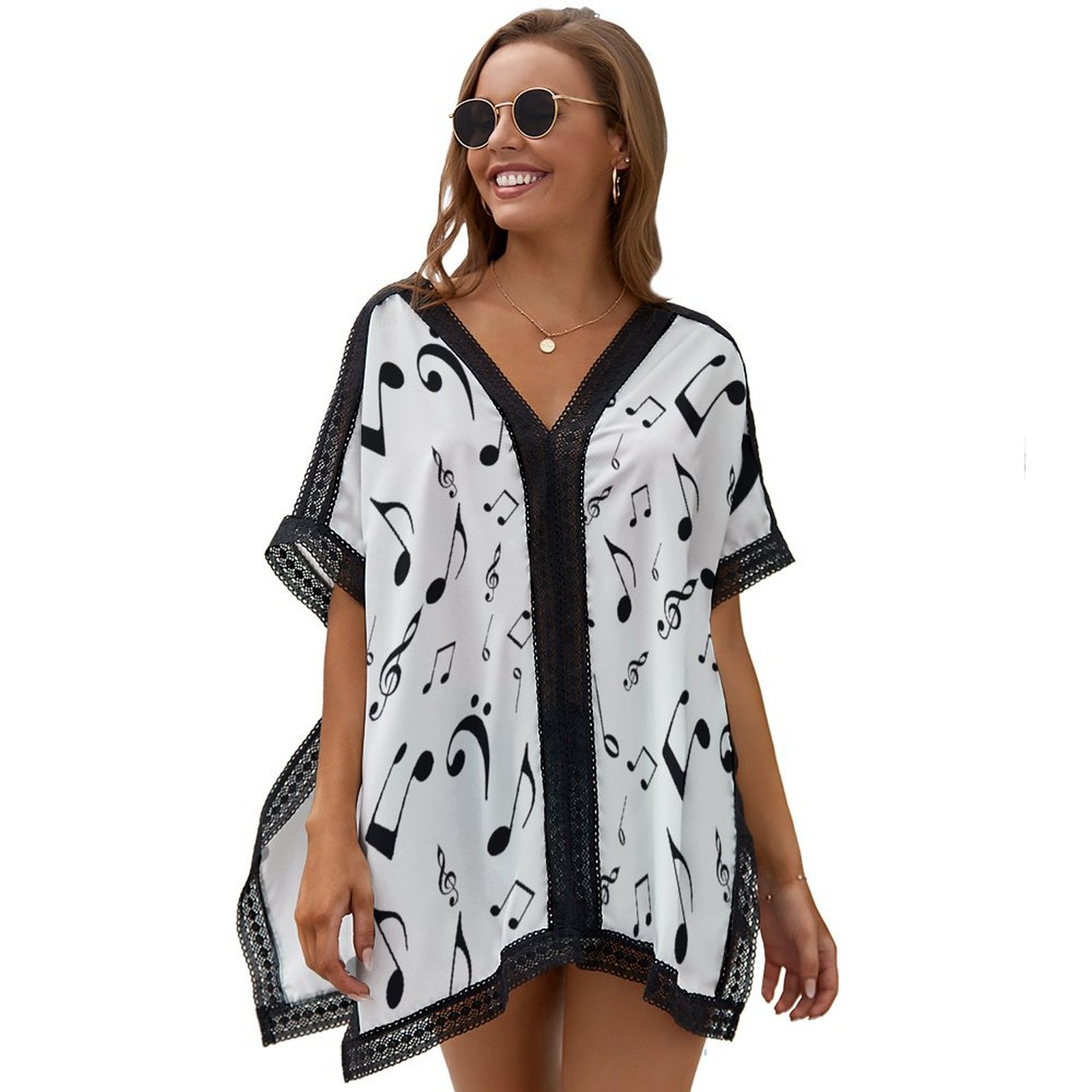 Black White Music Notes Sheet Music Musical Womens Beach Cover Up Oversized Lace Bikini Swimsuit