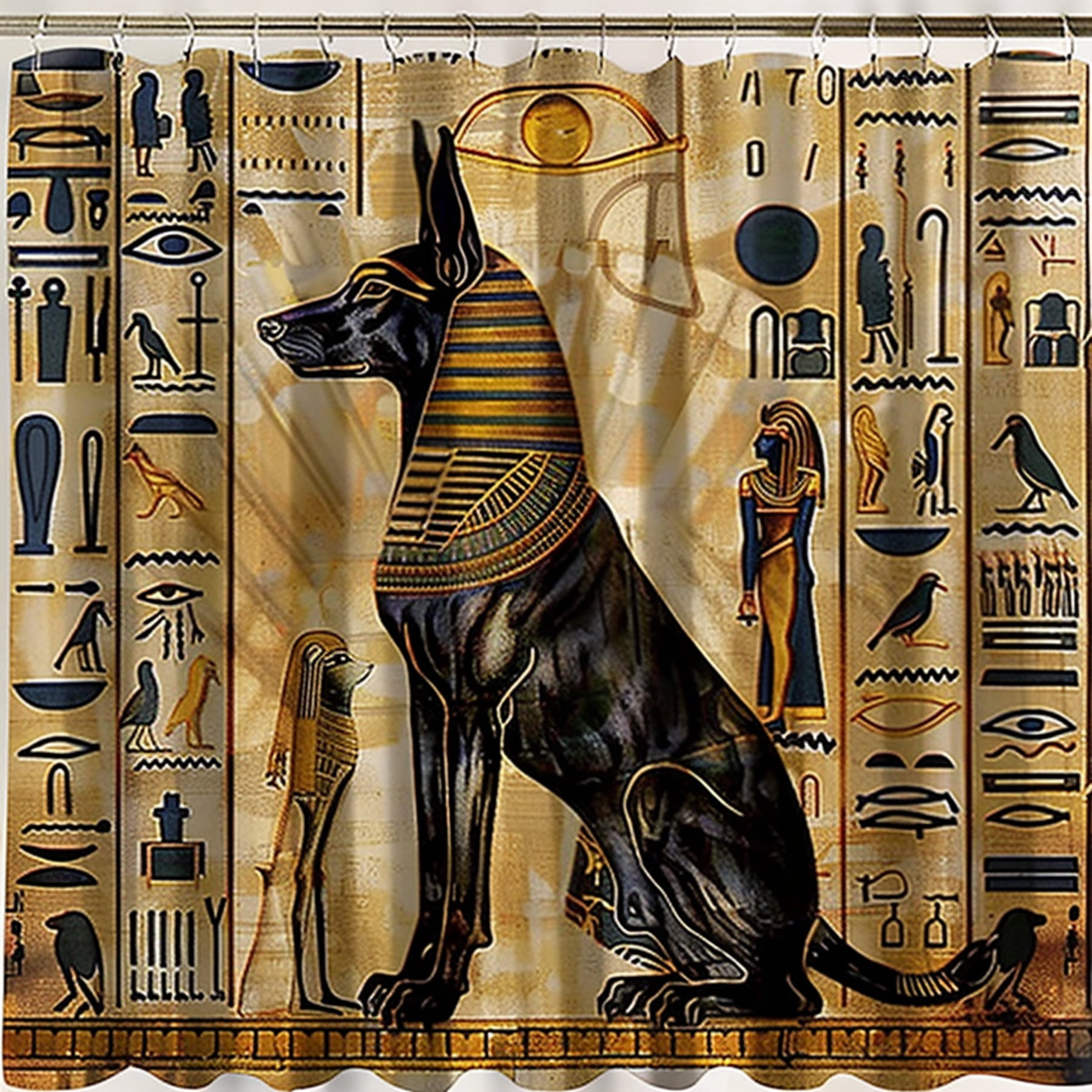 Black And Gold Egyptian Themed Shower Curtain With Ancient Symbols