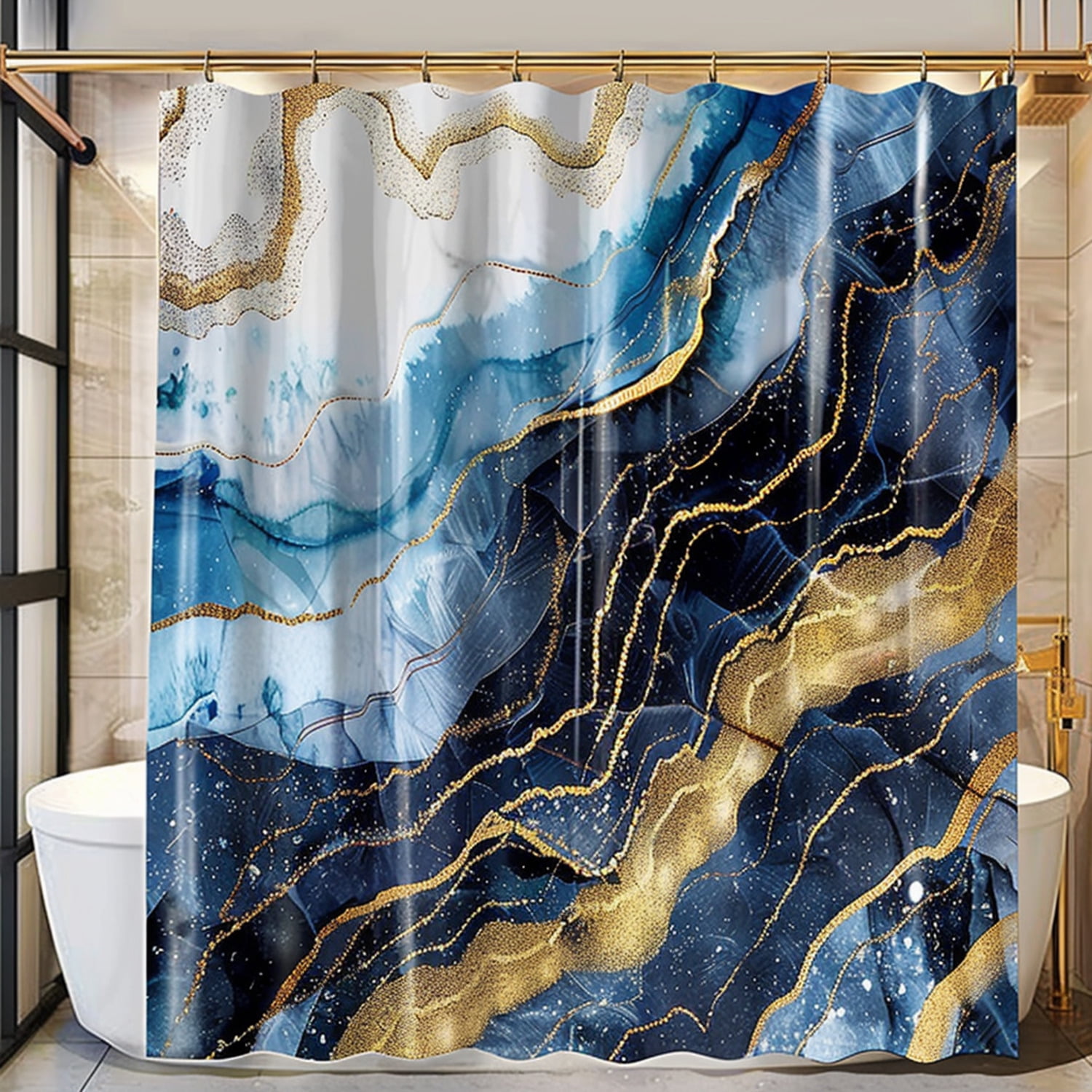 Blue And Gold Marble Print Shower Curtain With Golden Glitter Accents