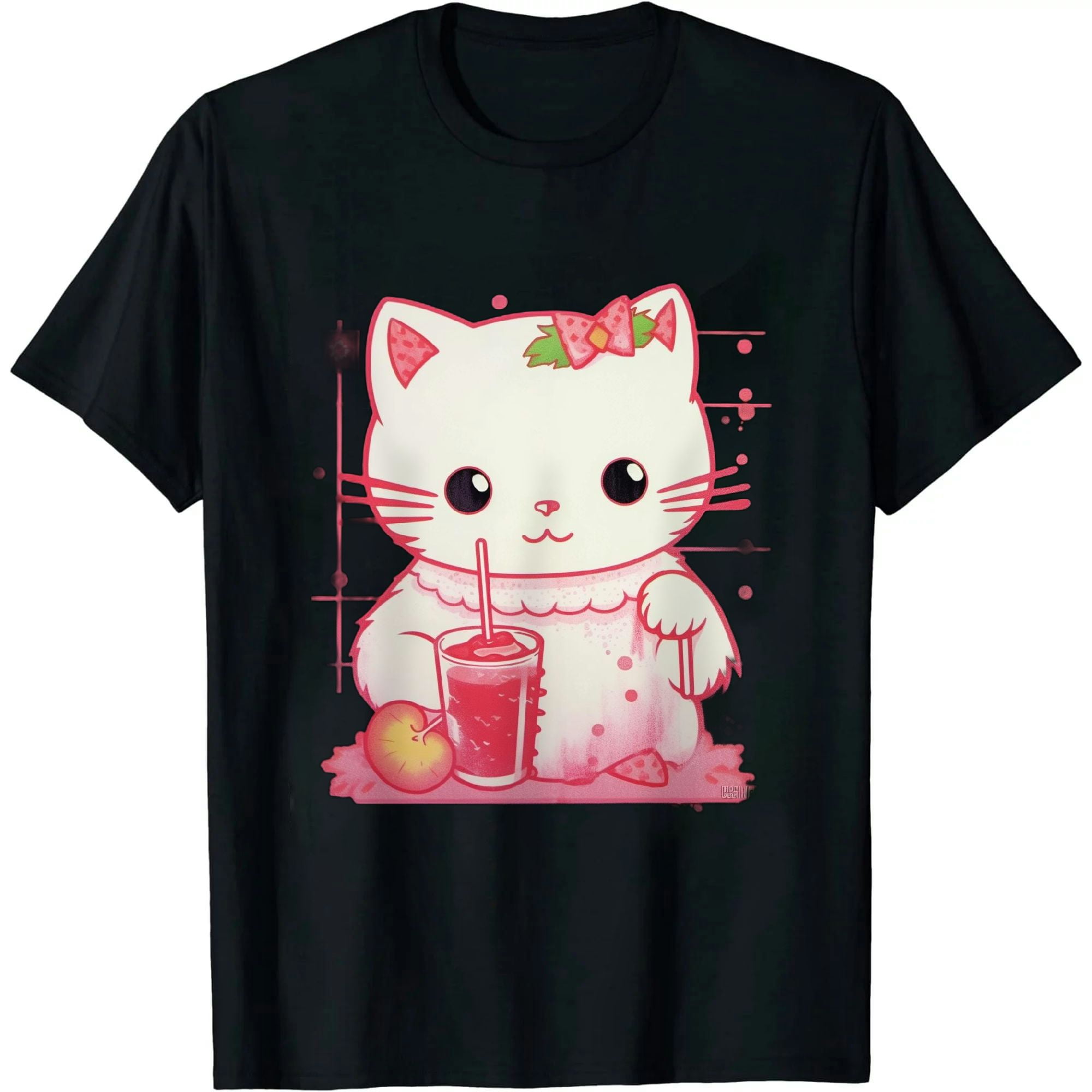 Comio Cute Kawaii Anime Cat Drinking Strawberry Milk Japanese T Shirt