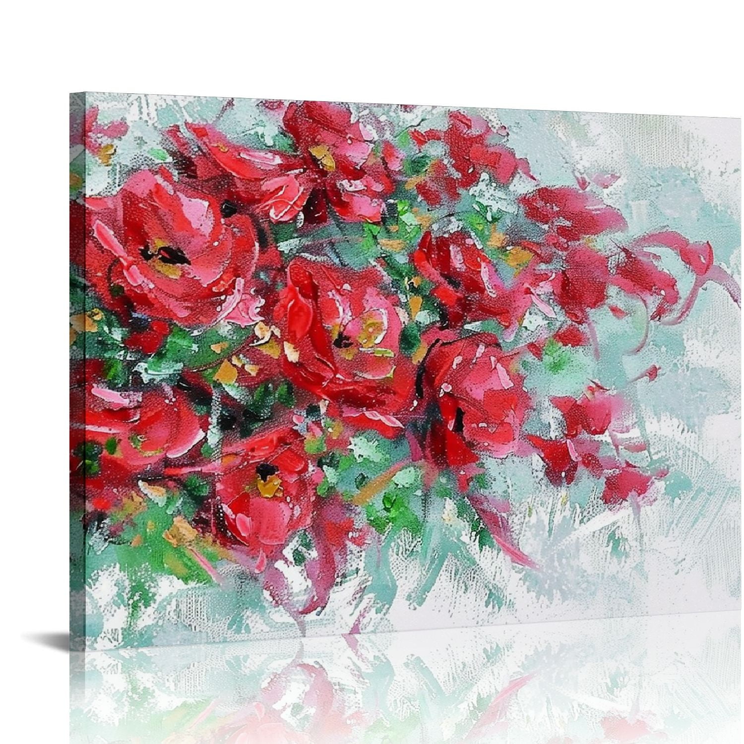 Comio Red Poppy Canvas Wall Art Teal Leaf Painting With Gold Foil And