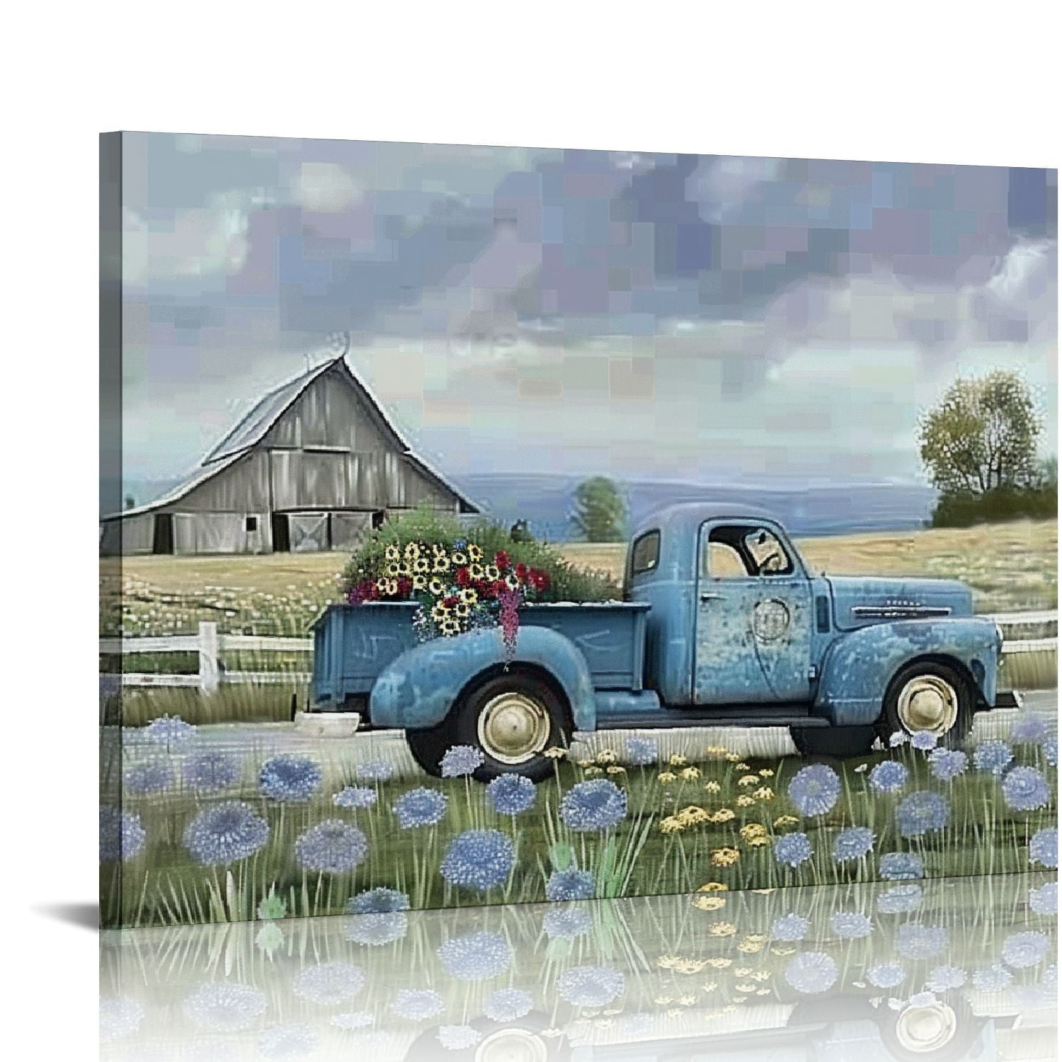 COMIO Rustic Blue Truck Wall Art Farmhouse Old Truck Barn Pictures Wall