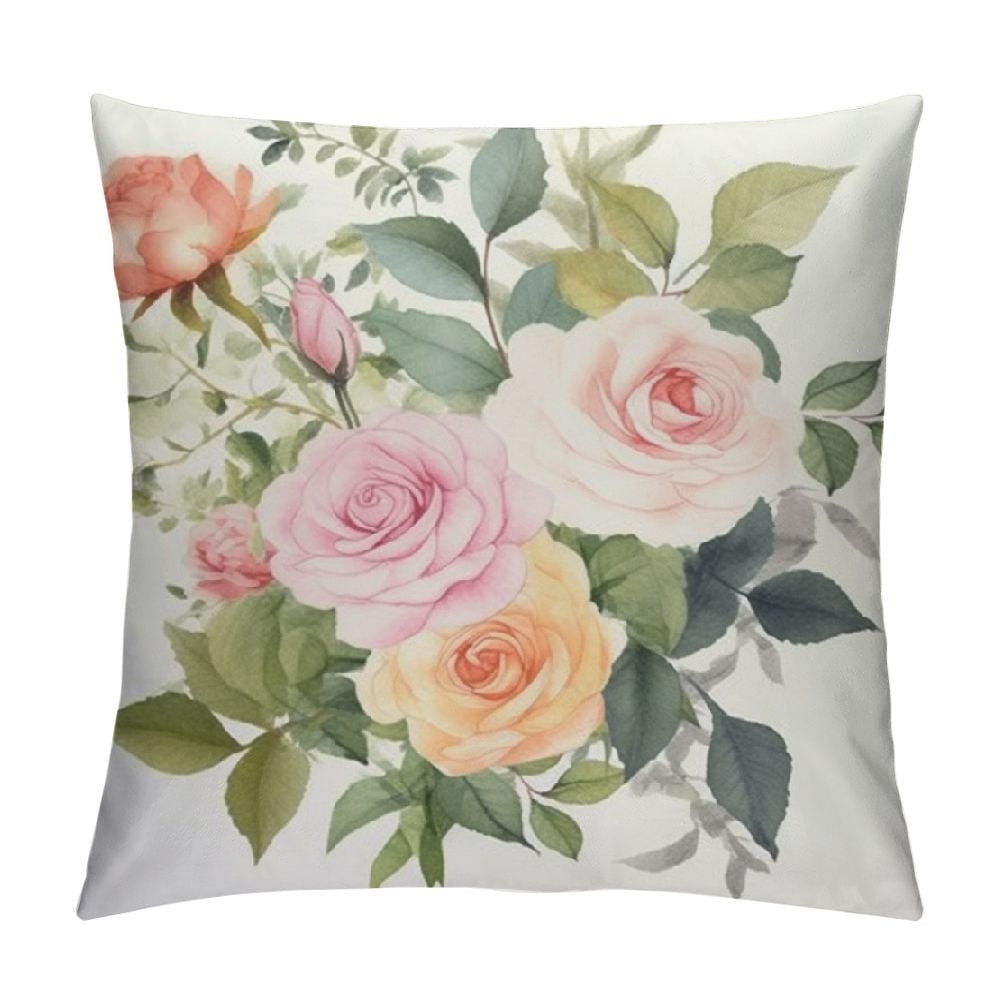 Comio Watercolor Peony Flower Pillow Cover Pink Rose Flower Pillow