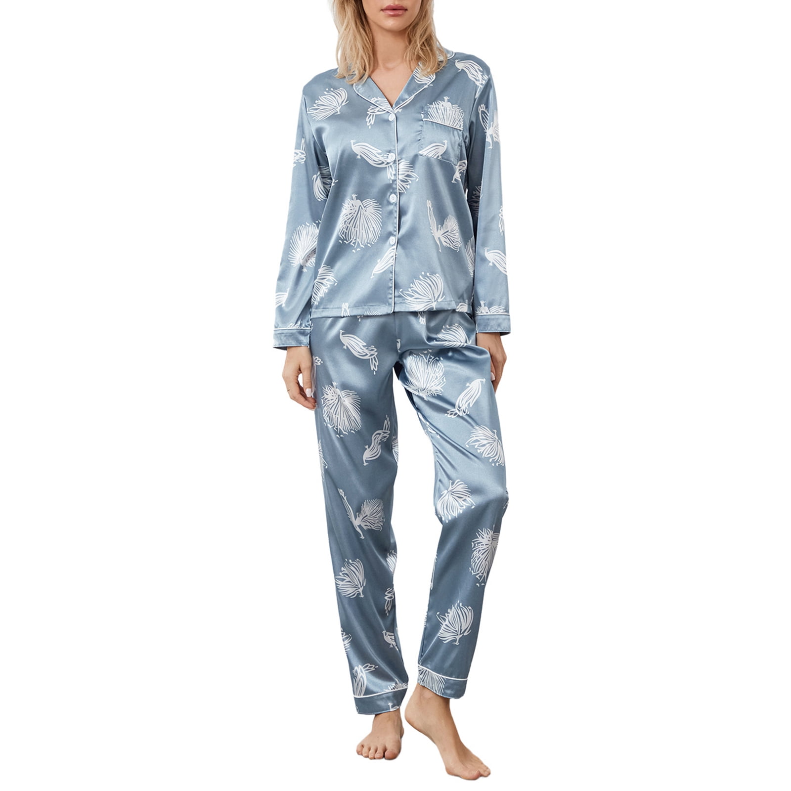 Caitzr Women Satin Pajama Set Peacock Print Long Sleeves Button Shirt