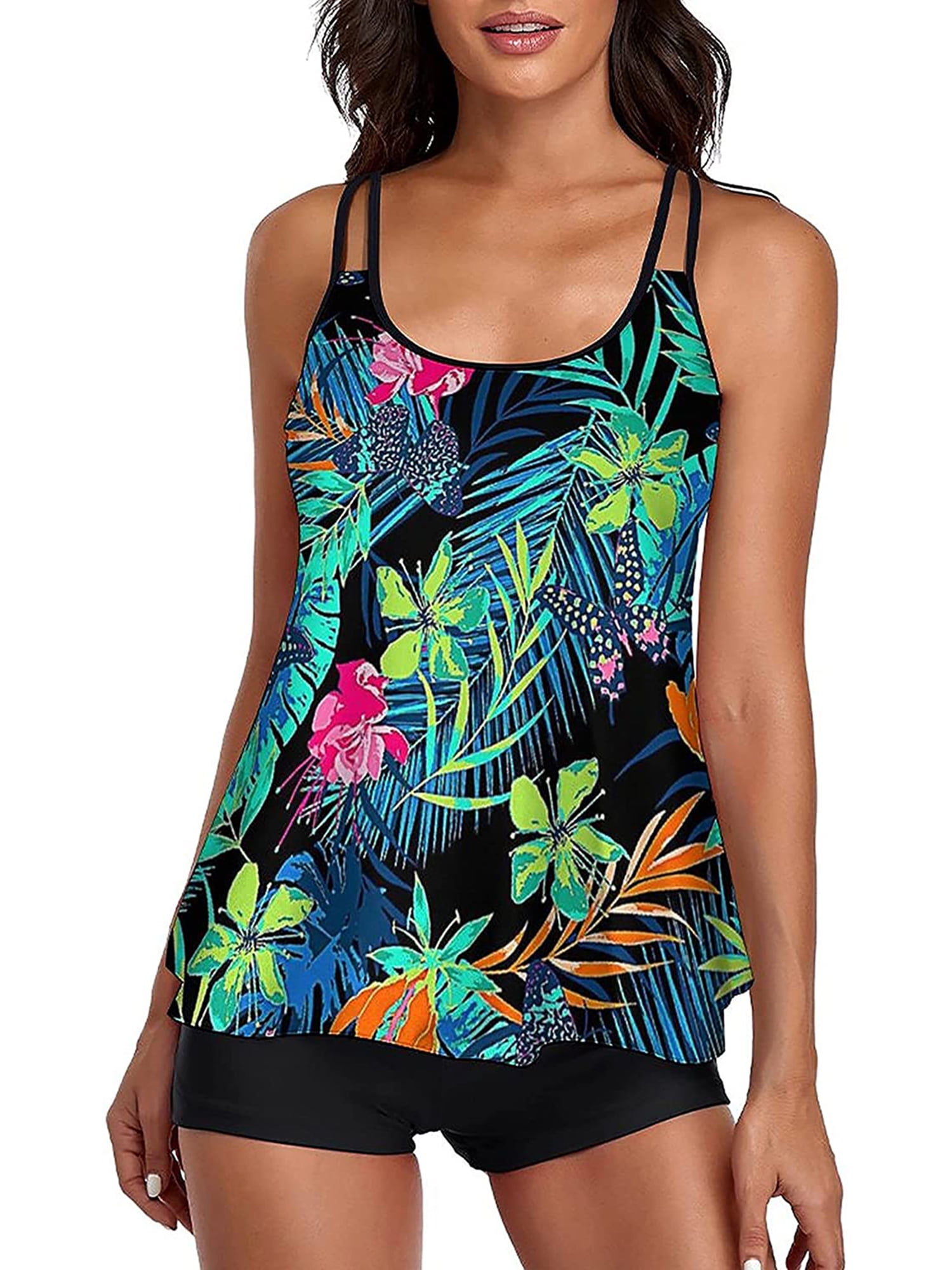 Canrulo Women Two Piece Bikini Set Floral Printed Backless Tankini Top