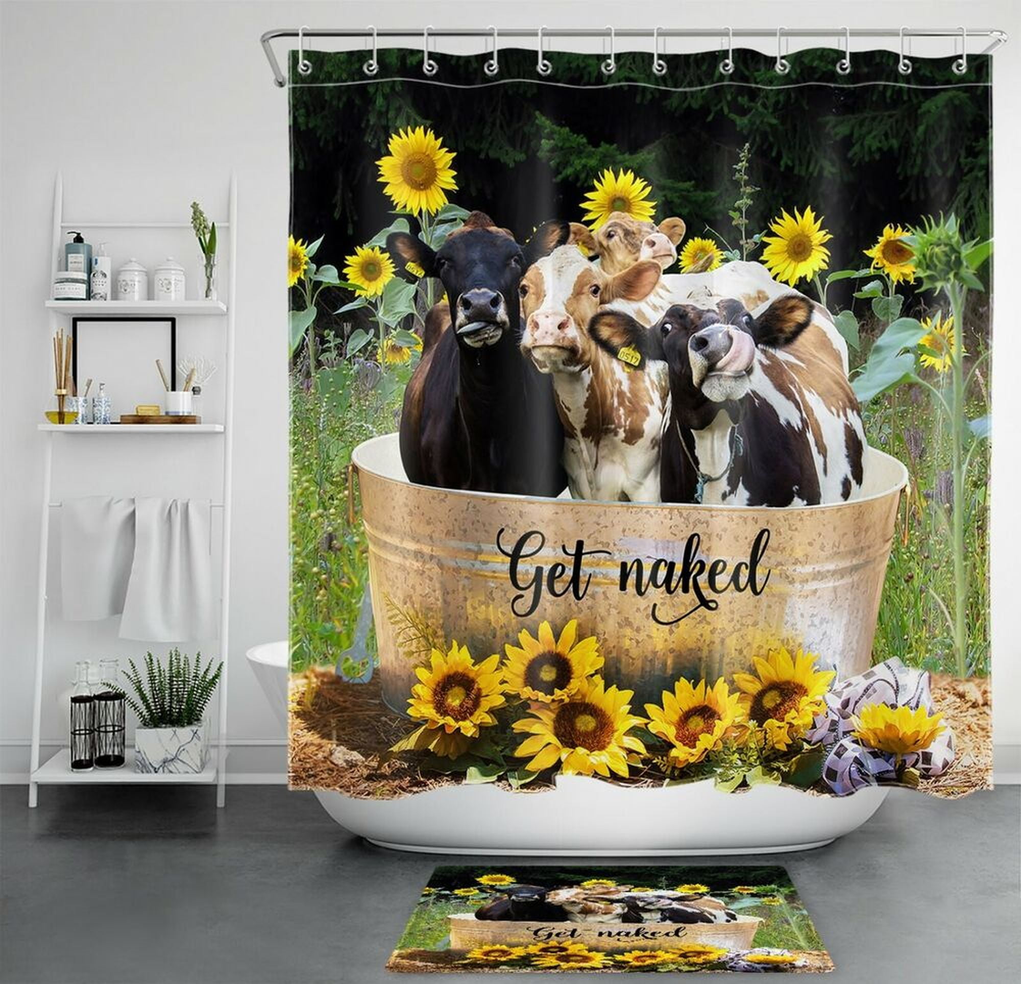 Charming Farmhouse Cow Shower Curtain With Sunflower Accents Perfect