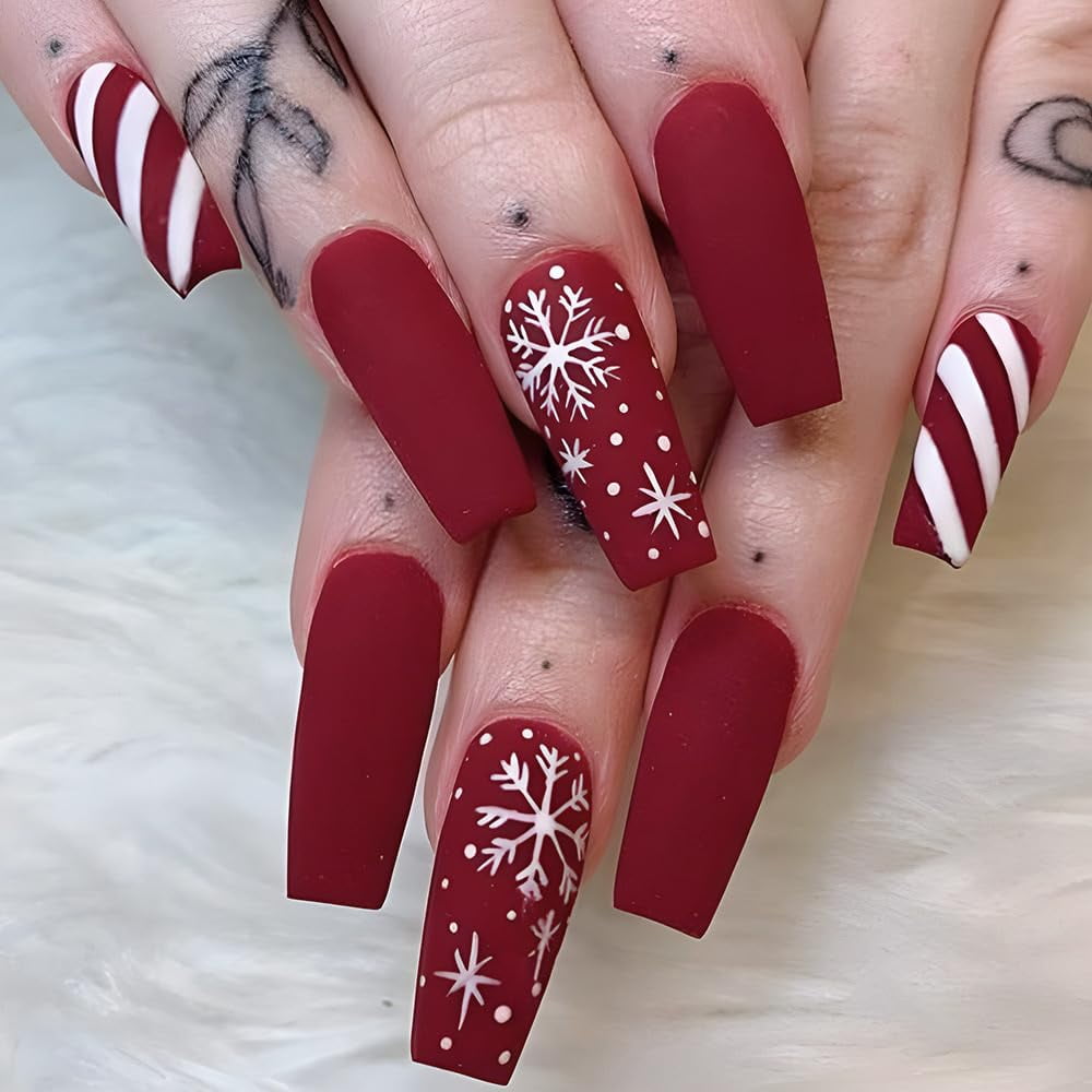 Christmas Press On Nails Long Coffin Fake Nails Red False Nails With