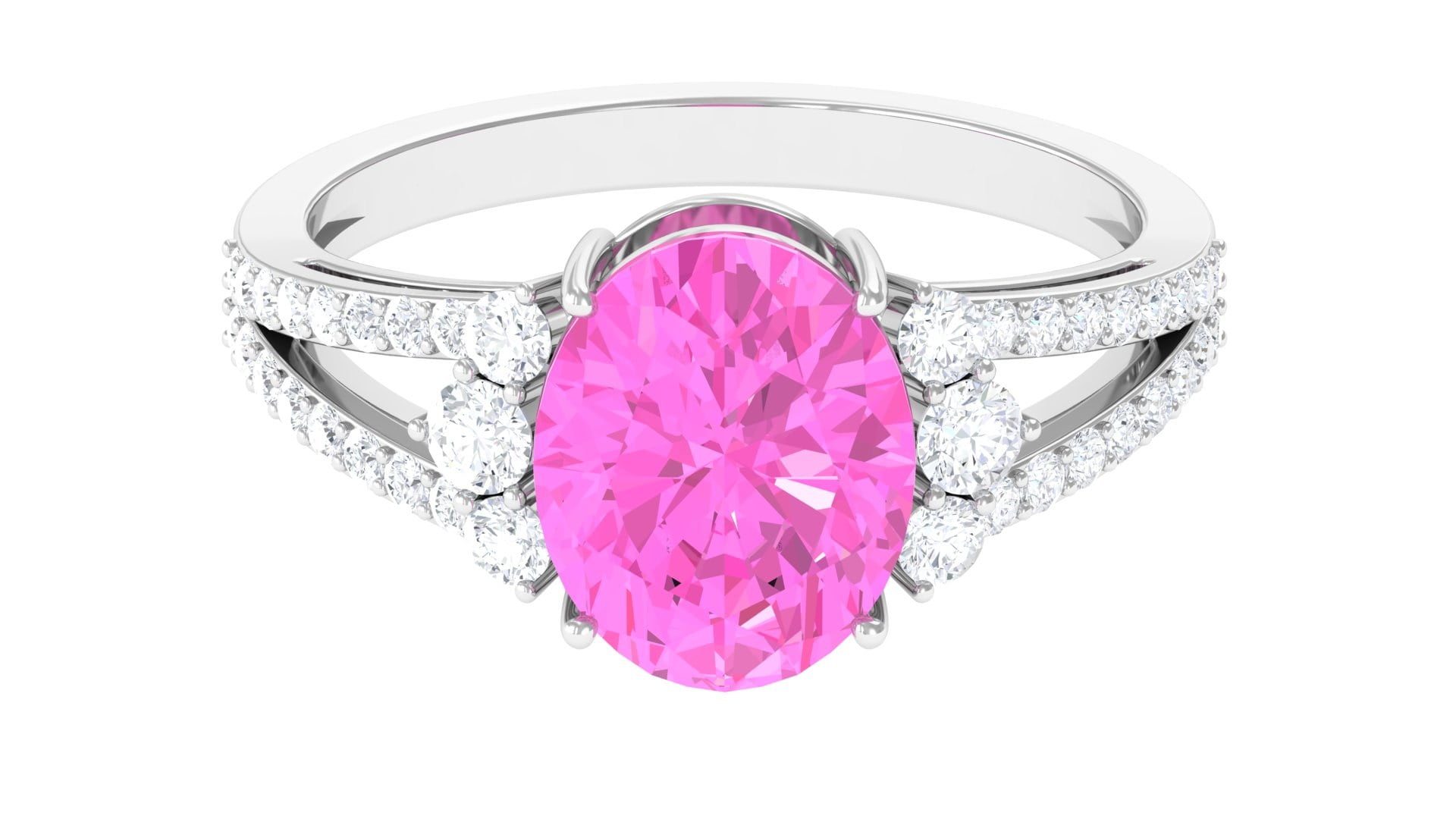 Classic Lab Grown Pink Sapphire Ring With Zircon 8X10 MM Oval Shape