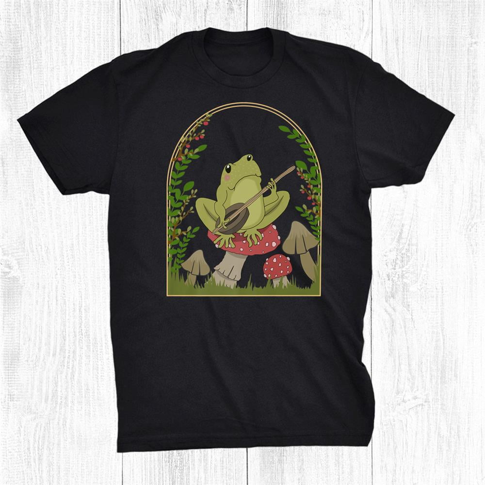 Cottagecore Aesthetic Frog Playing Banjo On Cute Mushroom Shirt Gift