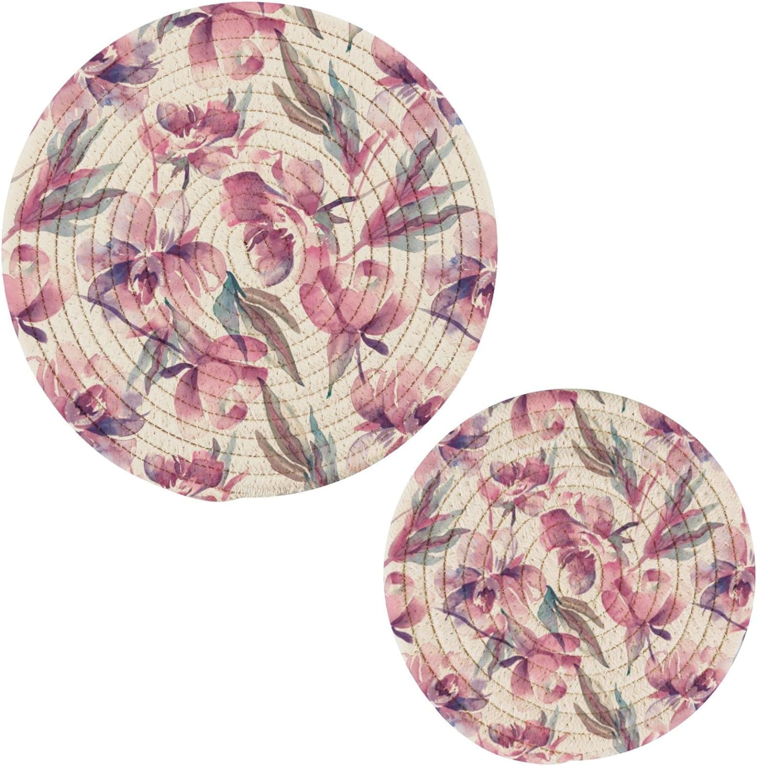 Cotton Pcs Fresh Peony Flowers Woven Pot Holders Trivets Set Round