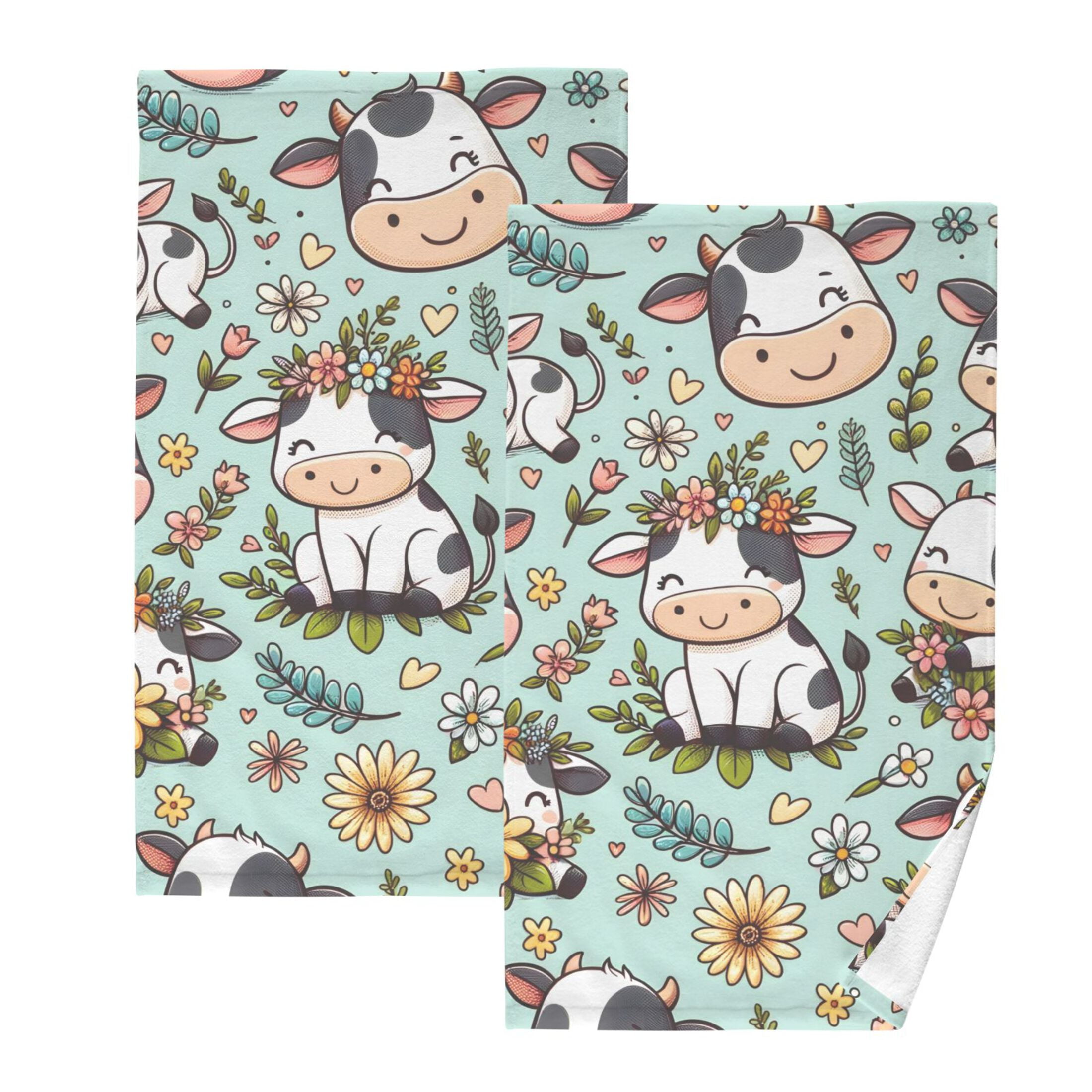 Cute Cow In Plants 2 Pcs Hand Towel Set Cotton Absorbent Soft Face